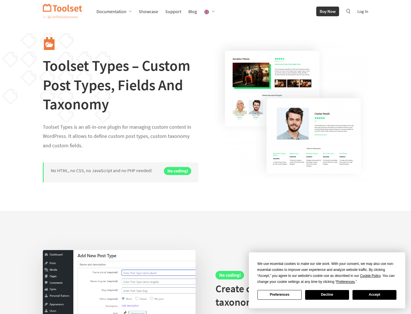 Toolset Types feature page explaining custom post types, taxonomies, and custom fields.