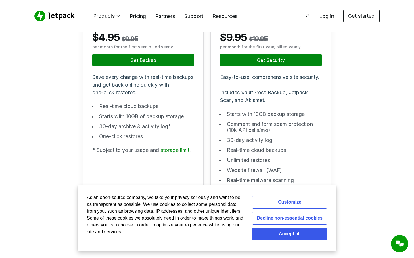 Jetpack upgrade/backup page pricing section showing VaultPress Backup at $4.95/month (regular $9.95/month) and Security bundle at $9.95/month (regular $19.95/month), both billed yearly for the first year, with feature lists for each plan