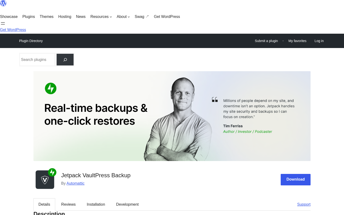 WordPress.org plugin listing for Jetpack VaultPress Backup showing the 