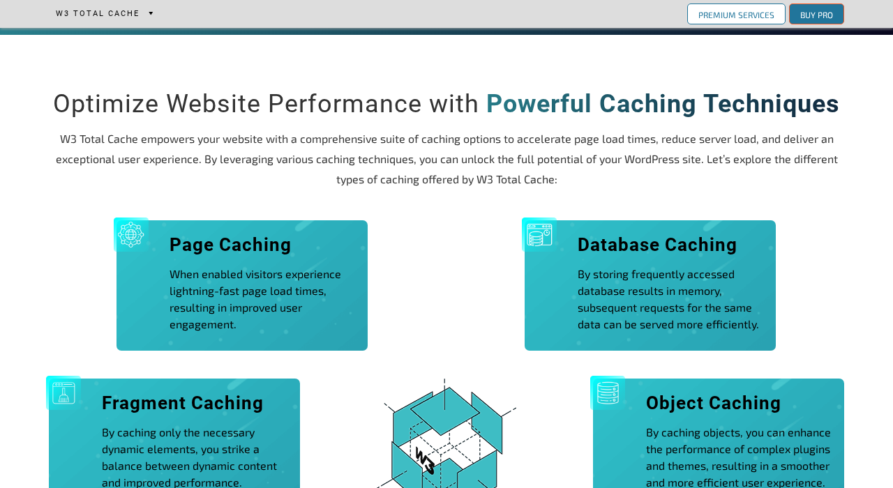 W3 Total Cache feature list on boldgrid.com showing the caching and optimization capabilities including Page Cache, Database Cache, Object Cache, Browser Cache, Minify HTML/CSS/JS, CDN integration, and Lazy Load, organized with free versus W3TC Pro availability indicated.