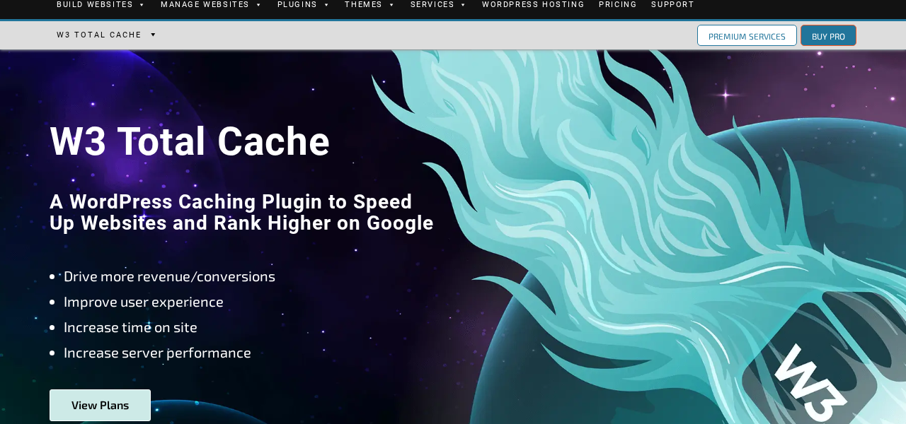 W3 Total Cache plugin overview page on boldgrid.com showing the plugin logo, headline, and feature highlights including page caching, database caching, object caching, browser caching, minification of HTML/CSS/JS, and CDN integration.
