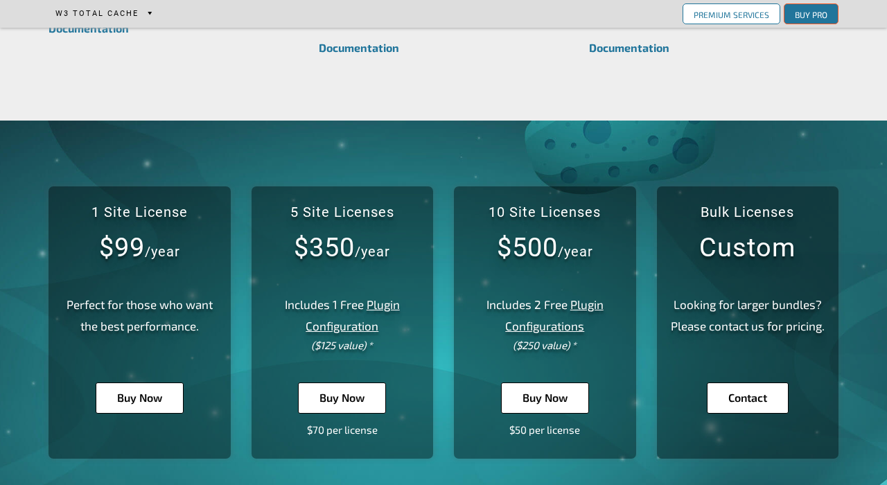 W3TC Pro pricing page on boldgrid.com showing three plan tiers: 1 Site at $99 per year, 5 Sites at $350 per year, and 10 Sites at $500 per year, all plans with a 30-day money-back guarantee.