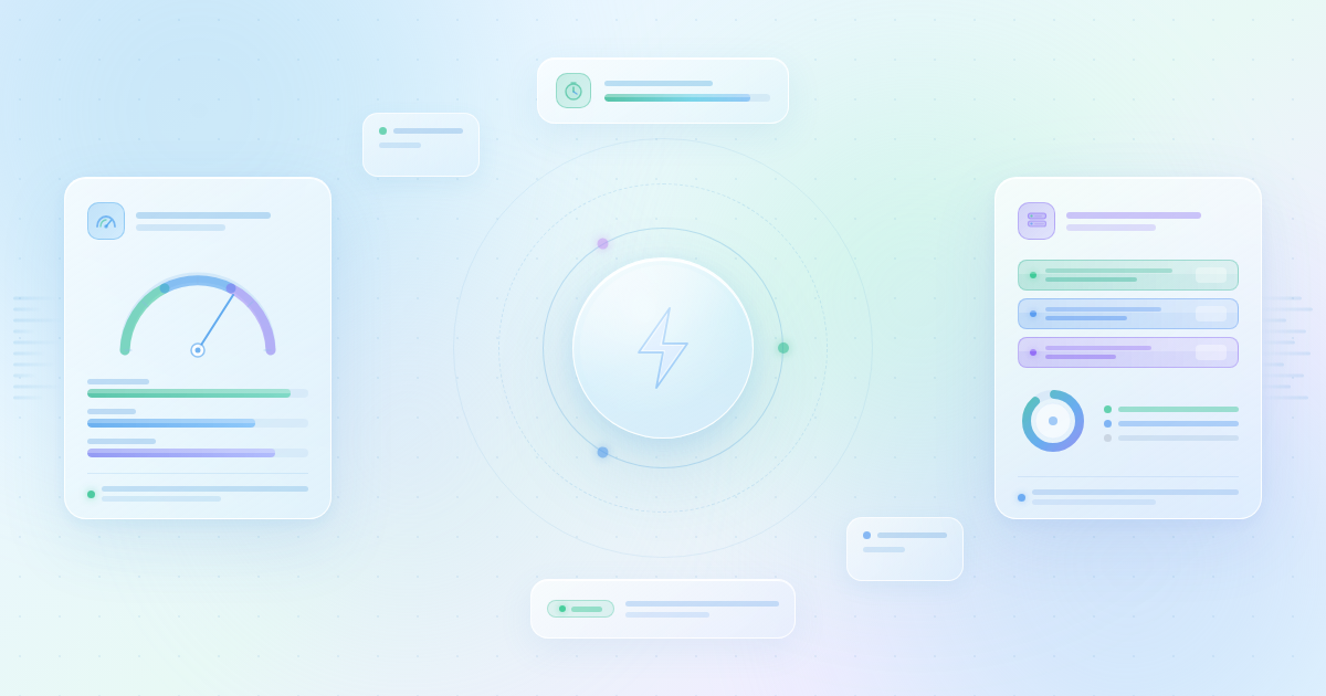 W3 Total Cache Review 2026 featured banner showing a minimalist glassmorphism design with speedometer gauge, lightning bolt center element with concentric rings, server rack with cache hit ratio donut chart, page-load progress bar, and cache status chip, all on a light pastel background.