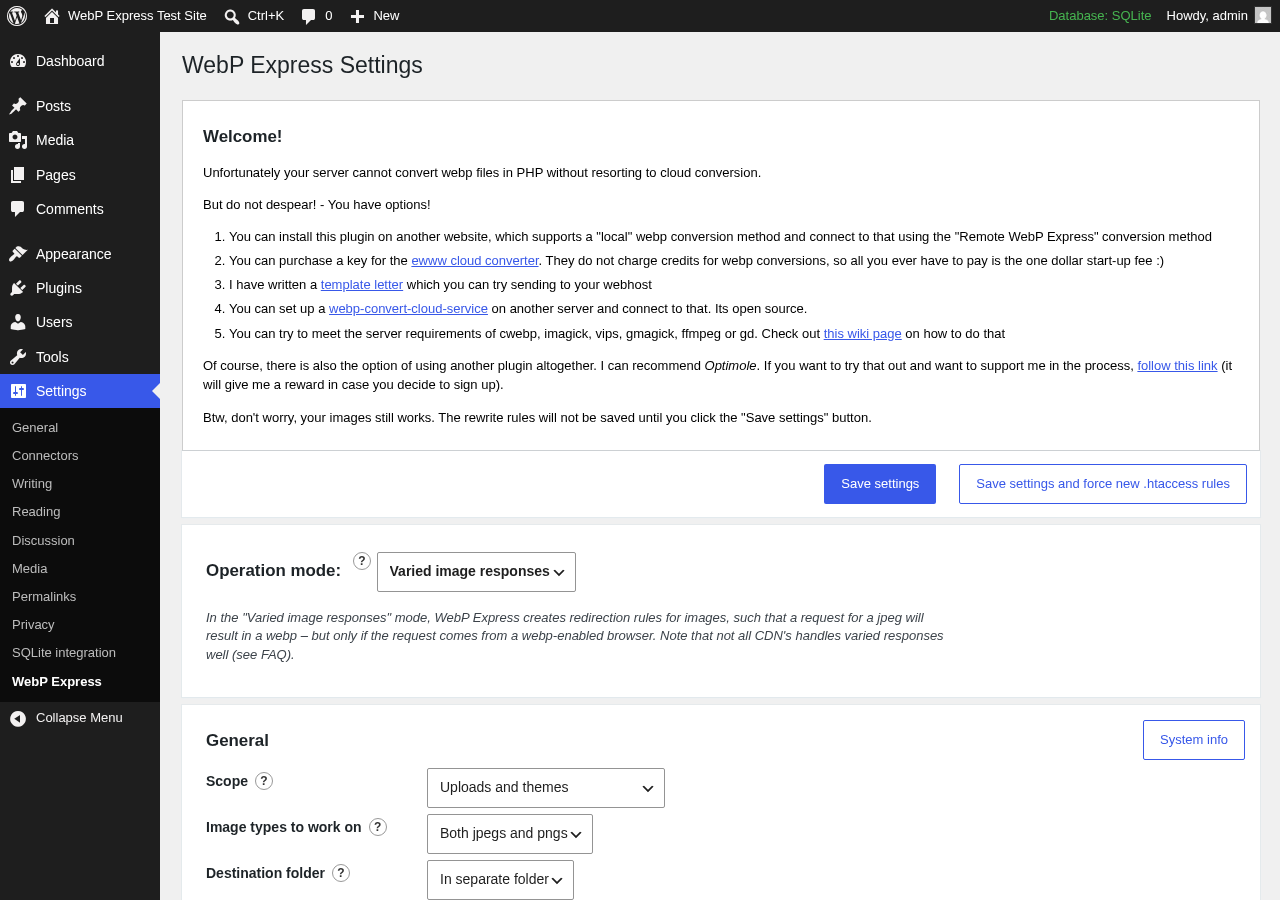 WebP Express settings panel in WordPress admin showing the Conversion method section and Bulk convert row from version 0.25.15. The full list of ten conversion methods appears above the Bulk convert and Delete converted files buttons at the bottom of the section.