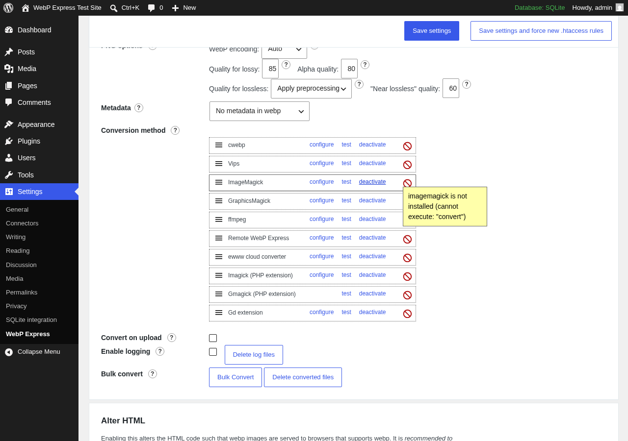 WebP Express settings panel in WordPress admin showing the Conversion method section from version 0.25.15. All ten conversion methods are listed with red unavailability indicators in the test environment: cwebp, Vips, ImageMagick binary, GraphicsMagick binary, ffmpeg, Remote WebP Express, ewww cloud converter, Imagick PHP extension, Gmagick PHP extension, and Gd extension. The Bulk convert and Delete converted files buttons are visible at the bottom of the section.