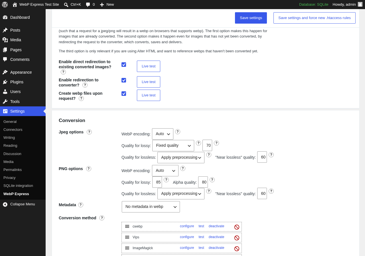 WebP Express settings panel in WordPress admin showing the Live test section from version 0.25.15. Three test rows are visible with checkboxes and Live test buttons: Enable direct redirection to existing converted images, Enable redirection to converter, and Create webp files upon request. Each row has its checkbox checked and a blue Live test button ready to run.