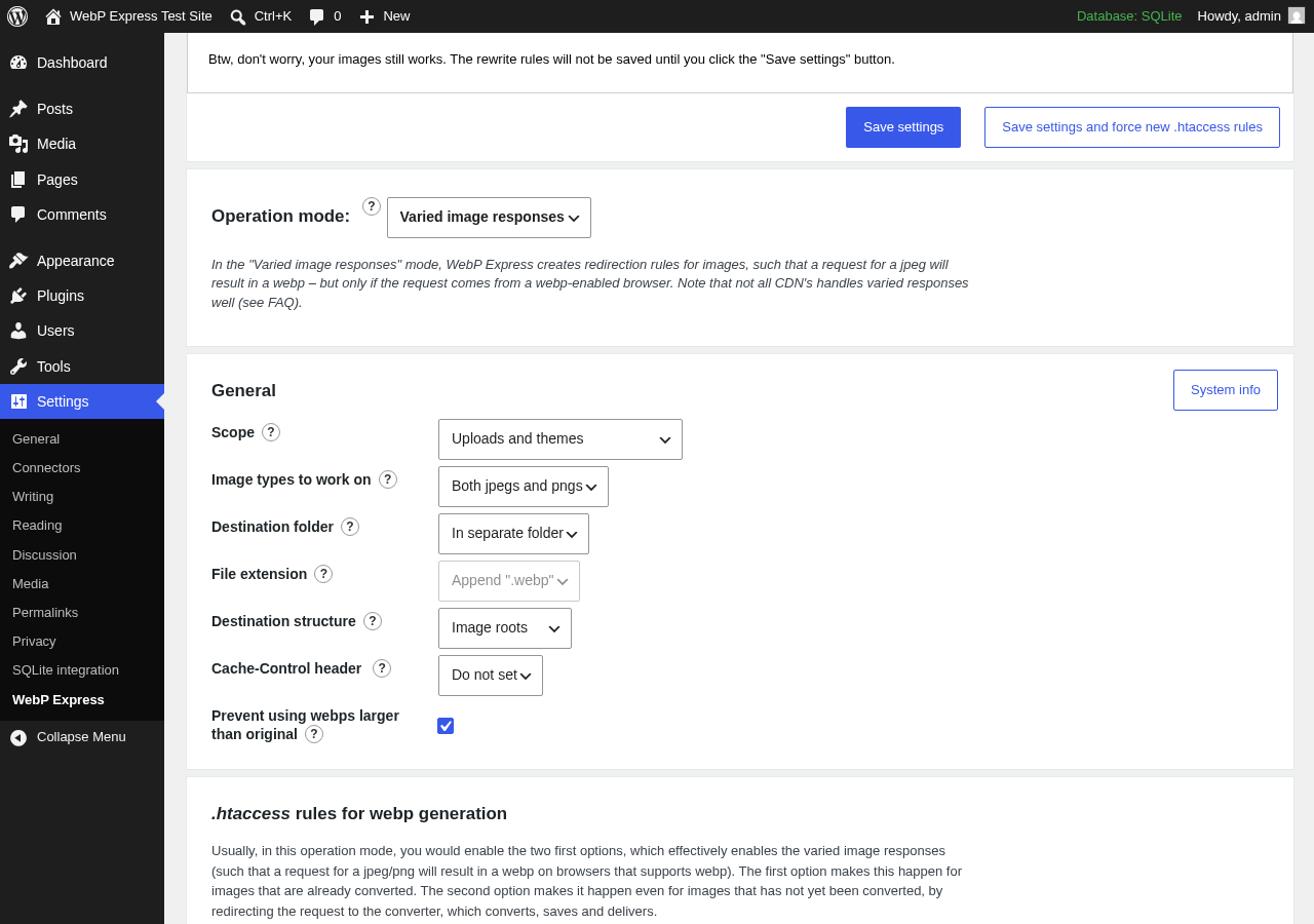 WebP Express settings panel in WordPress admin showing the Operation mode section from version 0.25.15, with Varied image responses selected as the active mode and General settings visible below.
