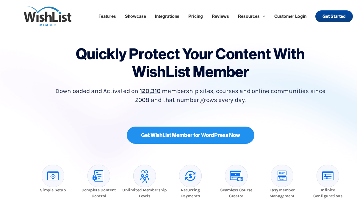 WishList Member official website showing membership plugin features, integration catalog, and tiered access configuration options