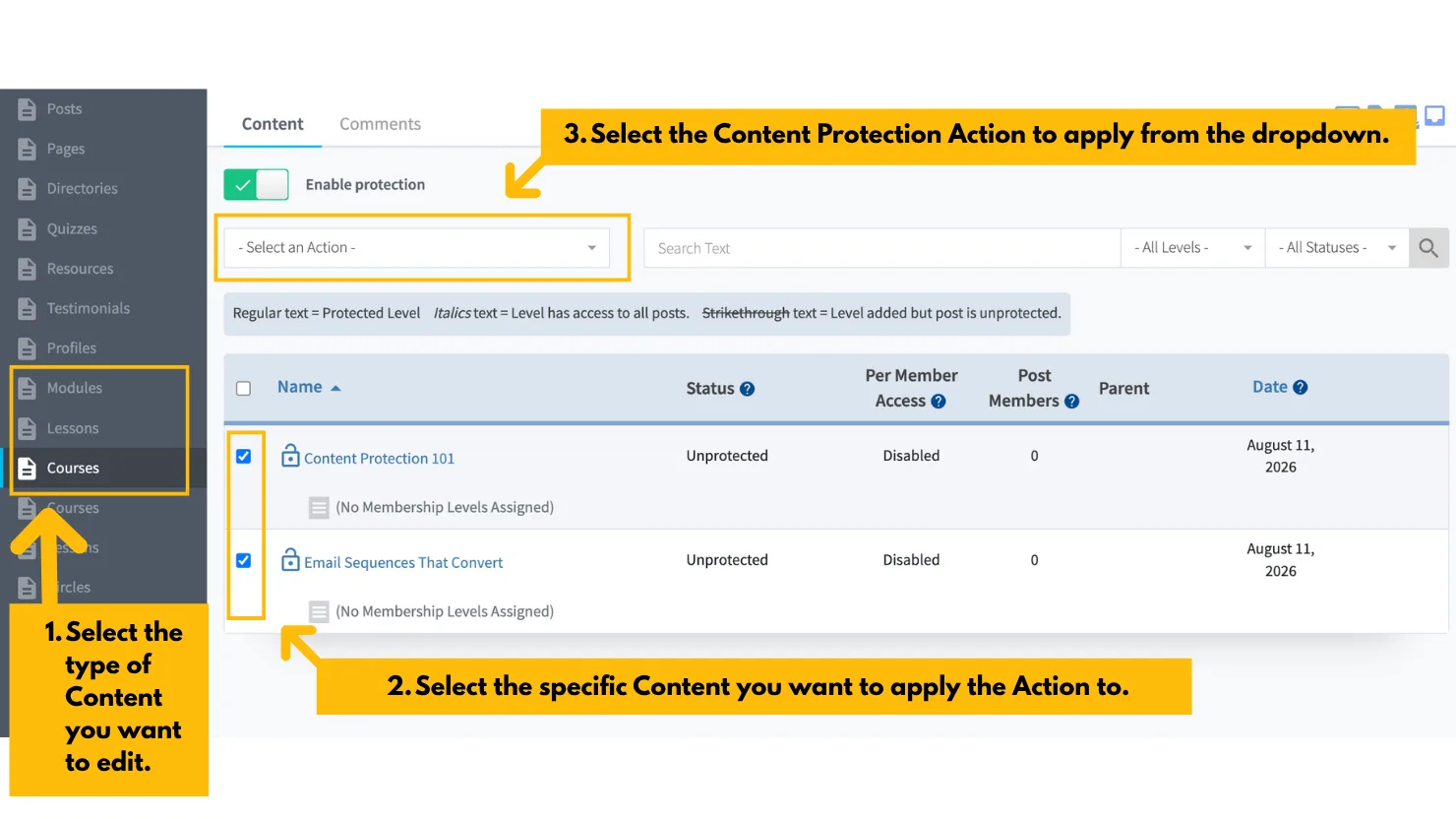 WishList Member admin dashboard showing the Content Protection setup screen with left navigation panel, content type selection interface, and access assignment steps for managing multiple membership levels.