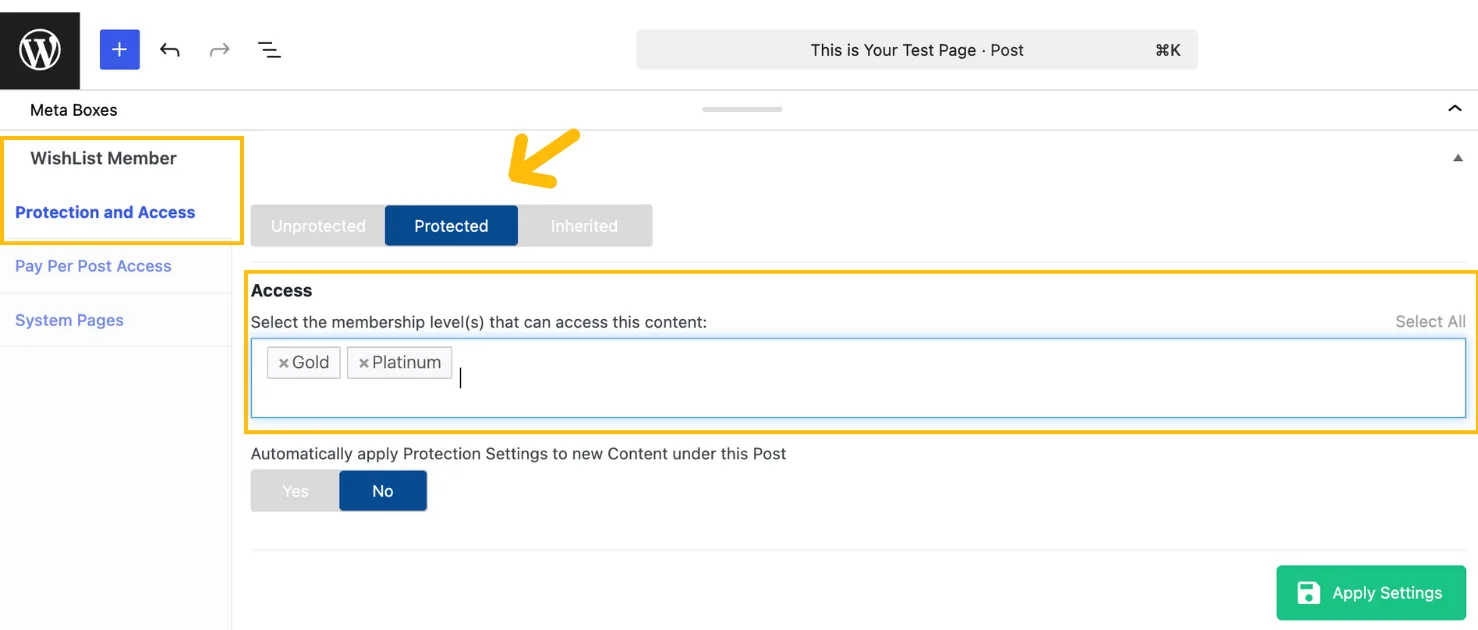 WishList Member content protection and access panel showing membership level access configuration with options to restrict posts, pages, and content categories for different member tiers.