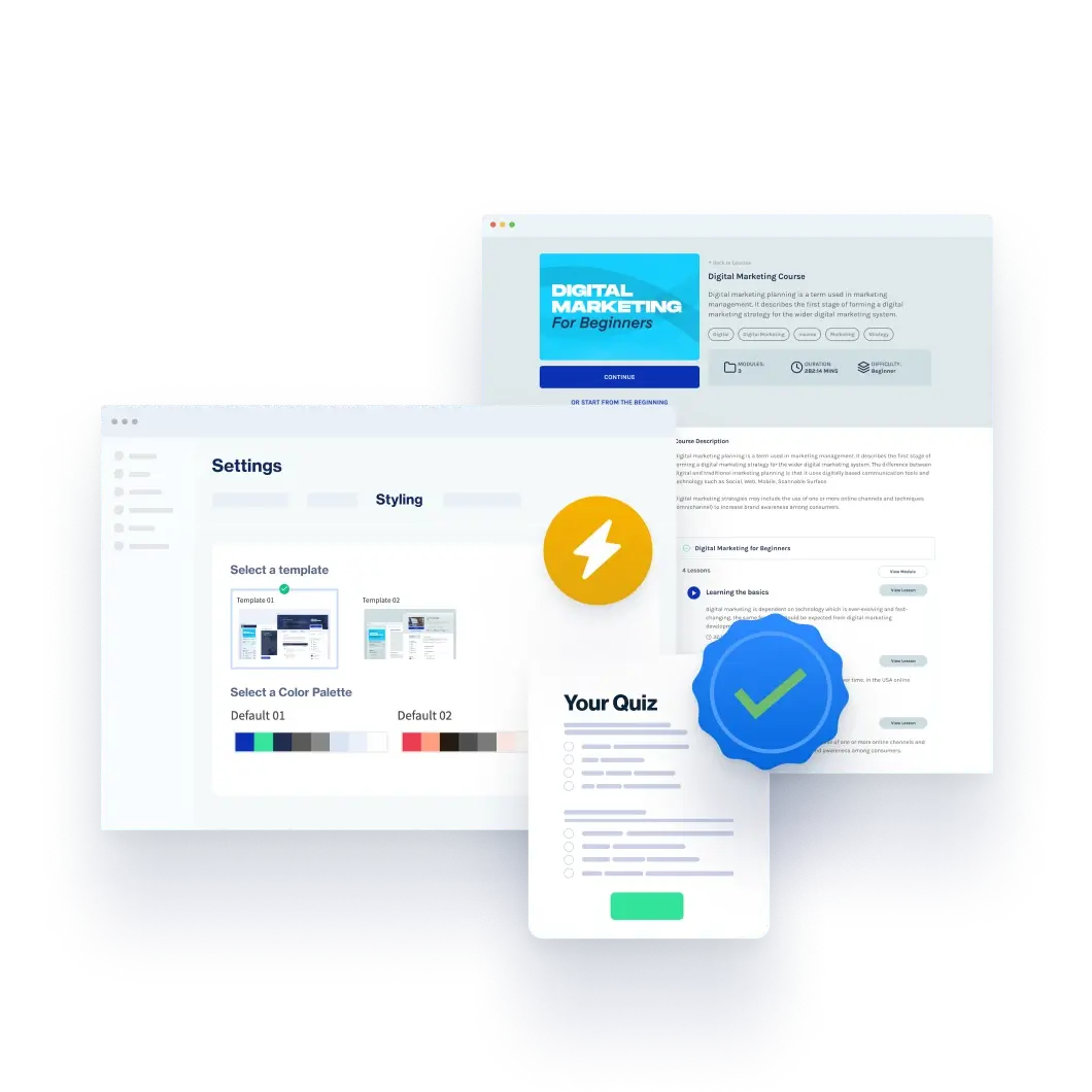 WishList Member CourseCure course builder interface showing a course template with professionally designed layouts for building online courses directly within WordPress.
