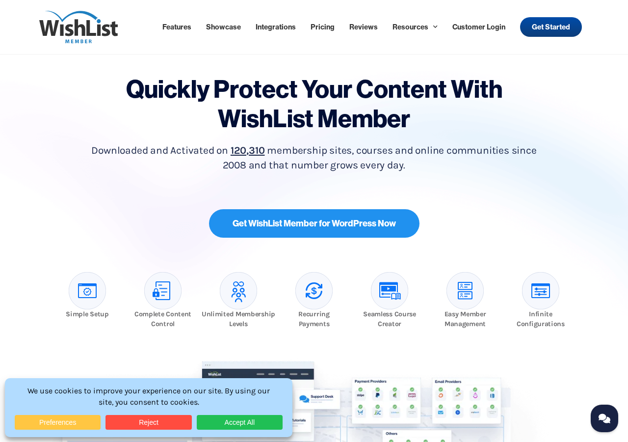 WishList Member homepage showing the headline 'WordPress Membership Plugin' with a stat showing 120,310 membership sites activated since 2008 and a 'Get Started' call to action, alongside a demo video button and the tagline 'Quickly Protect Your Content With WishList Member.'