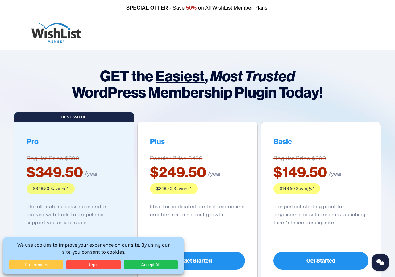 WishList Member pricing page showing three main plans with introductory pricing: Basic at $149.50 per year, Plus at $249.50 per year, and Pro at $349.50 per year, alongside a feature comparison table.