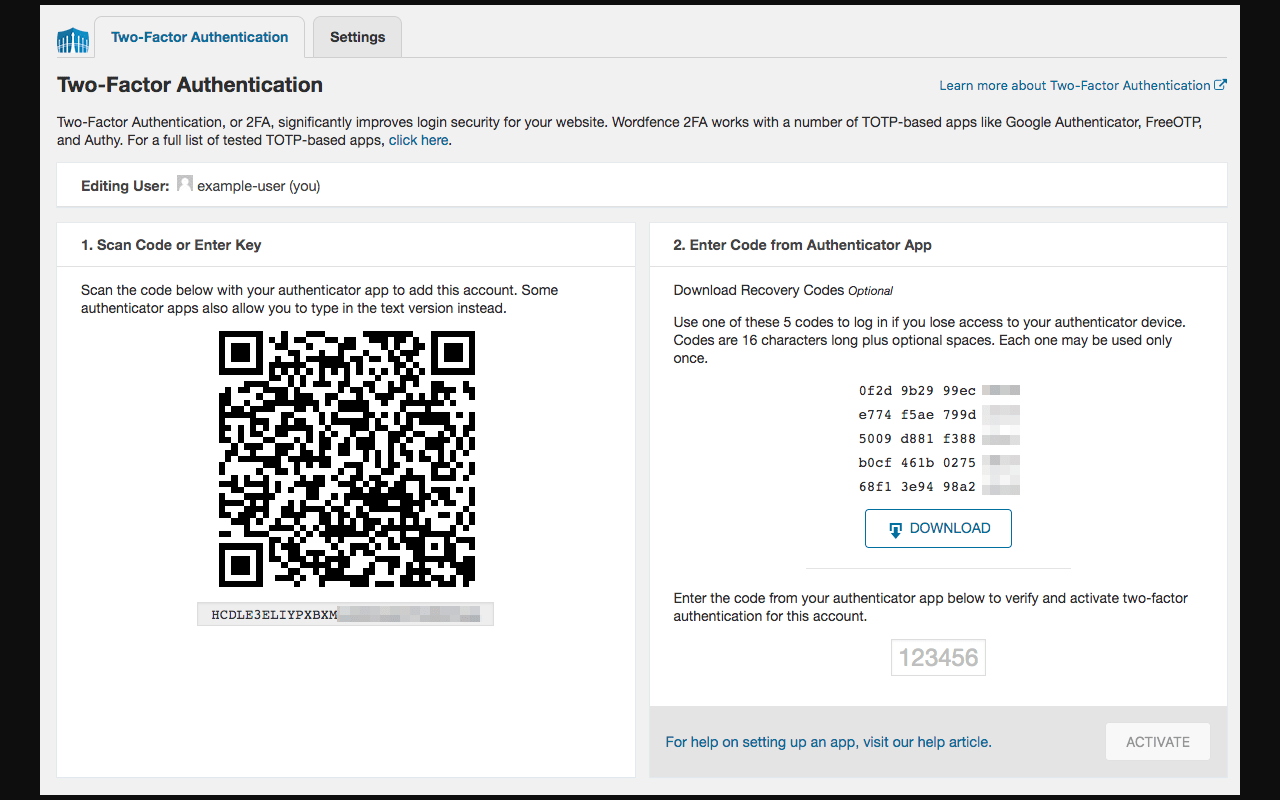 Wordfence Two-Factor Authentication setup screen showing a large QR code on the left labeled Scan Code or Enter Key and on the right Enter Code from Authenticator App with five 16-character recovery codes shown and an ACTIVATE button. The page header reads Two-Factor Authentication with a note that it works with TOTP-based apps like Google Authenticator, FreeOTP, and Authy