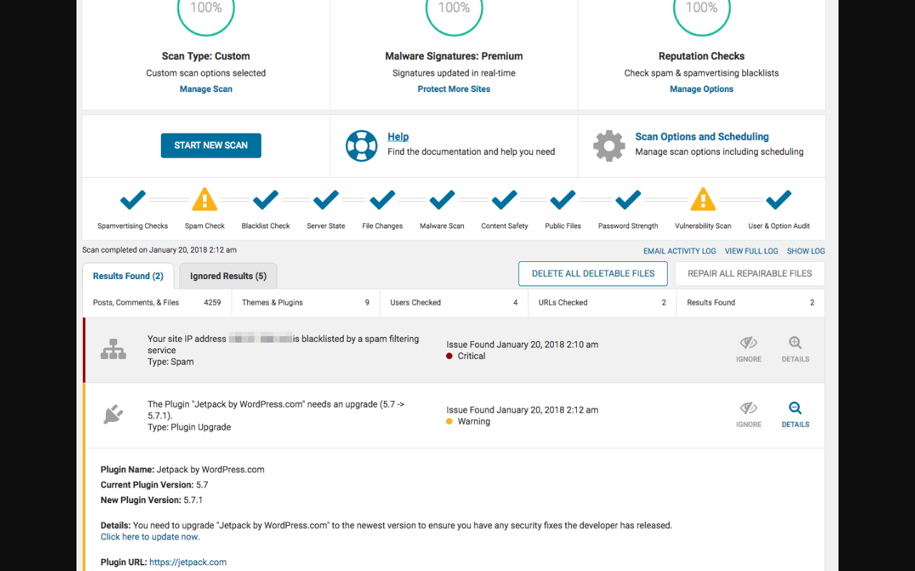 Wordfence security scanner results page showing scan type Custom, malware signatures Premium updated in real-time, and reputation checks. Scan progress bar shows ten check categories including Spamvertising Checks, Spam Check, Blacklist Check, Malware Scan, Vulnerability Scan, and User and Option Audit. Results Found shows two issues: a site IP blocklisted for spam Critical and a plugin needing an upgrade Warning