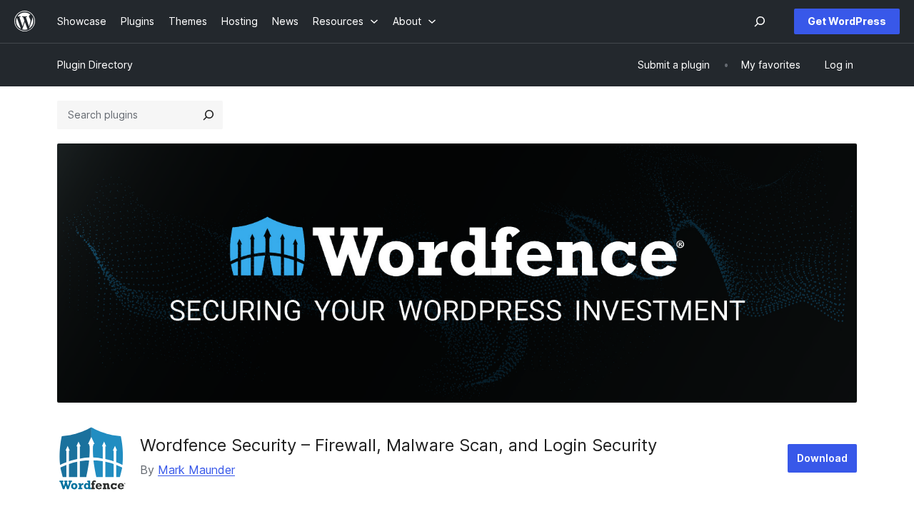 Wordfence Security plugin listing on WordPress.org showing the plugin title, 5-million-plus active installs, 4.7-star rating, current version 8.2.2 released May 13 2026, and description reading THE MOST POPULAR WORDPRESS FIREWALL and SECURITY SCANNER with the four plan options Free, Premium, Care, and Response