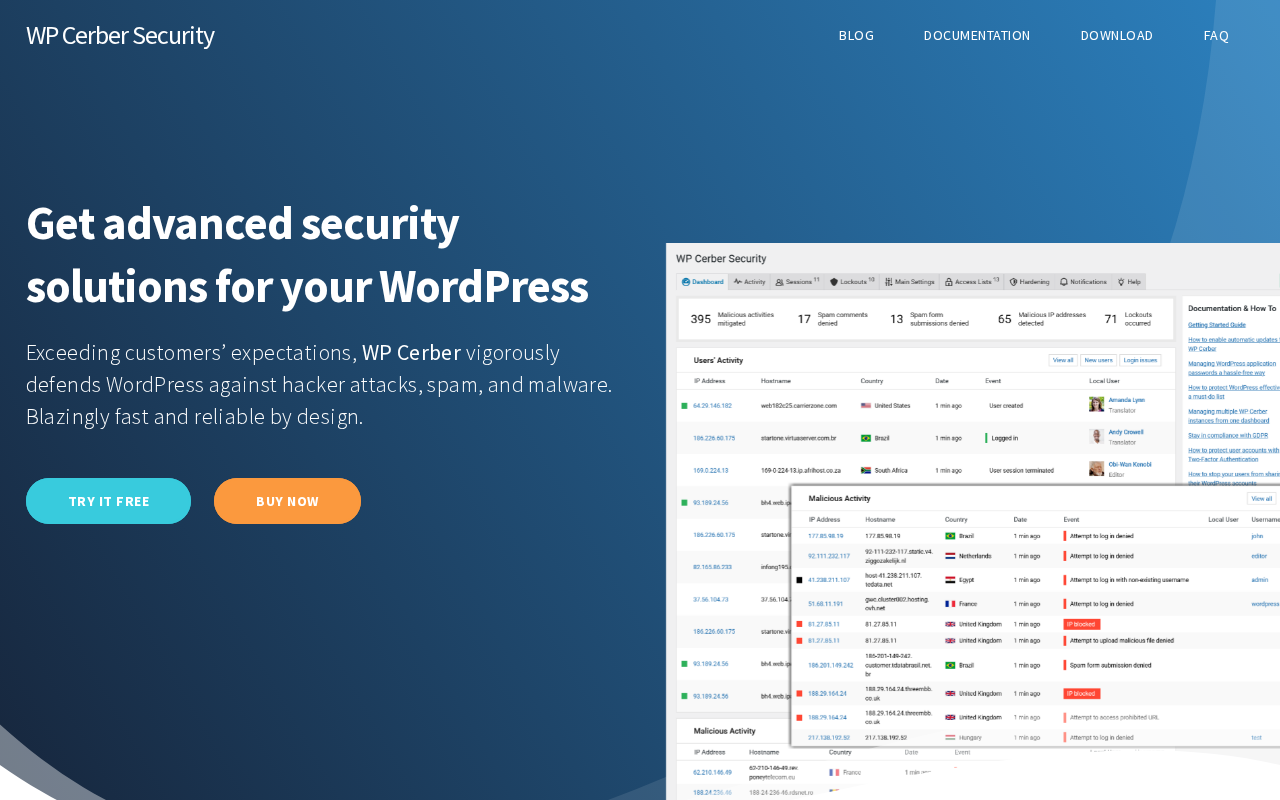 WP Cerber Security official homepage on wpcerber.com showing the headline Get advanced security solutions for your WordPress with a subheadline describing the plugin as a firewall, anti-spam, integrity checker, and malware removal tool, with a Start now call-to-action button and 200,000-plus customers trust signal