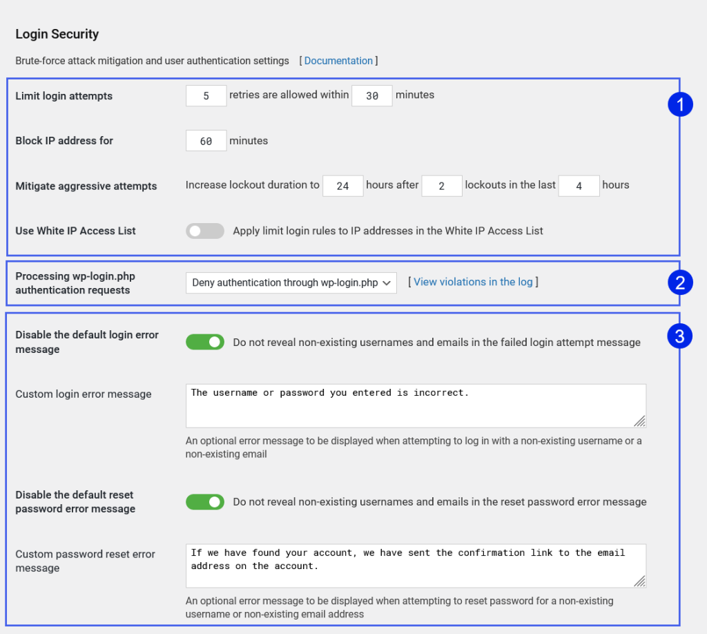 WP Cerber login security configuration page in the WordPress admin panel showing the allowed login attempts field, lockout period settings, Citadel Mode threshold, and coverage toggles for XML-RPC and REST API authentication endpoints