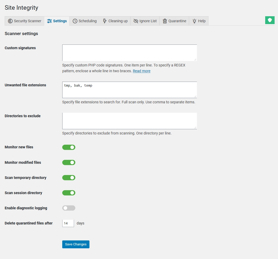 WP Cerber malware scanner and prevention settings page in WordPress admin showing scan configuration options including file monitoring settings, SHA-256 integrity checking options, automatic recovery settings, and file quarantine configuration