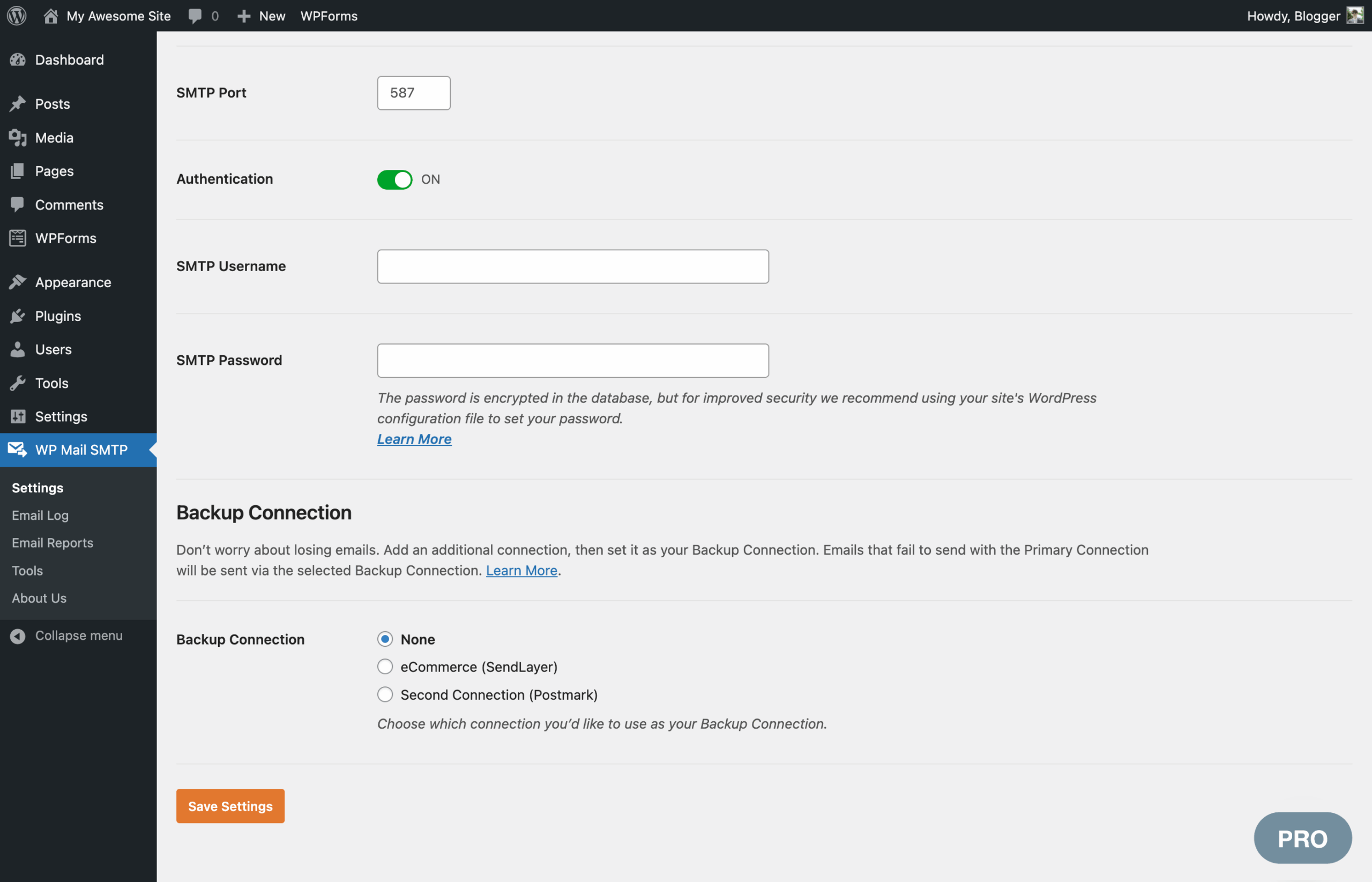 WP Mail SMTP Backup Connection settings panel showing primary and secondary mailer configuration for automatic failover