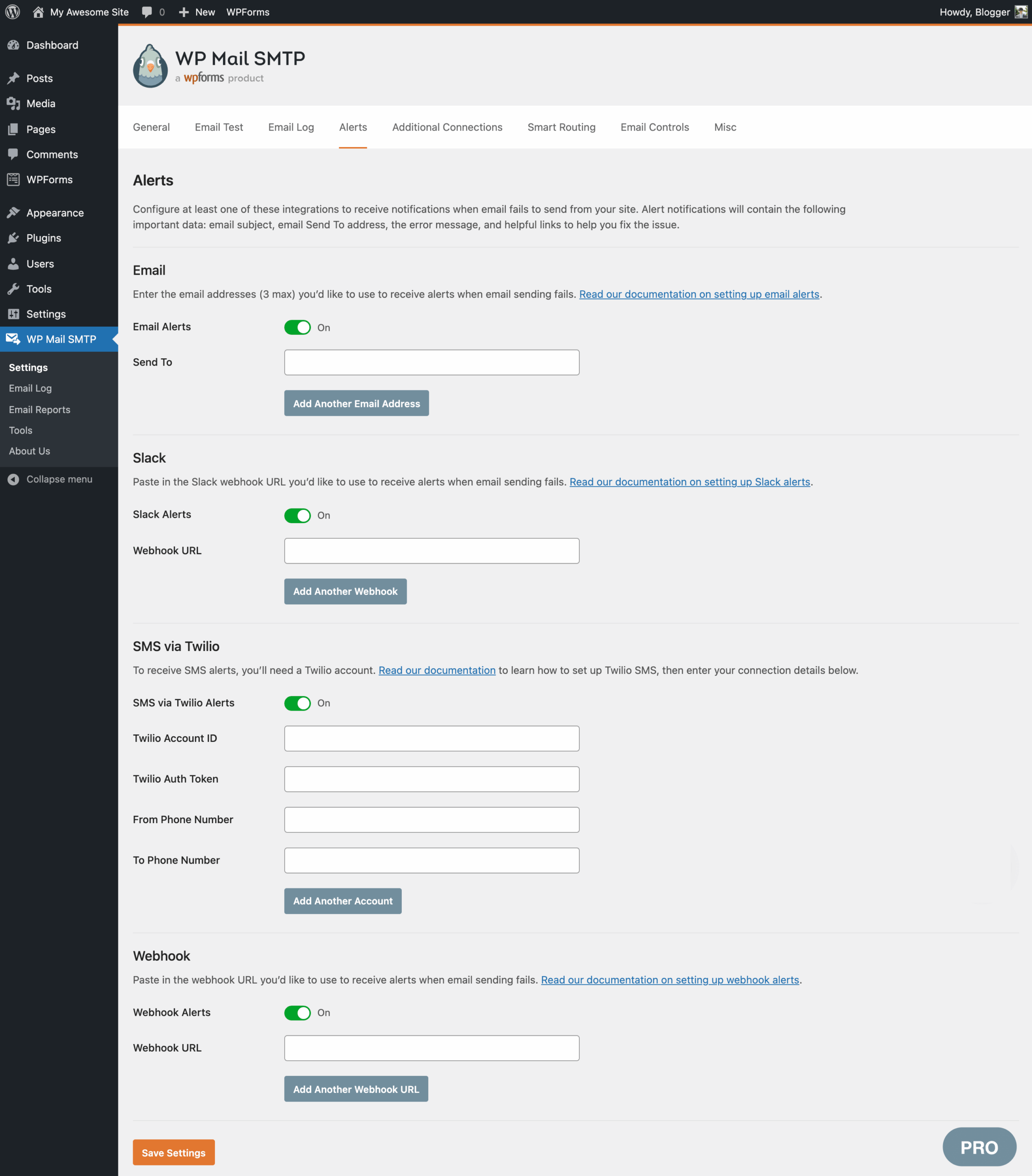 WP Mail SMTP Email Alerts settings page showing configuration options for Slack, Teams, Discord, SMS via Twilio, and email notification channels