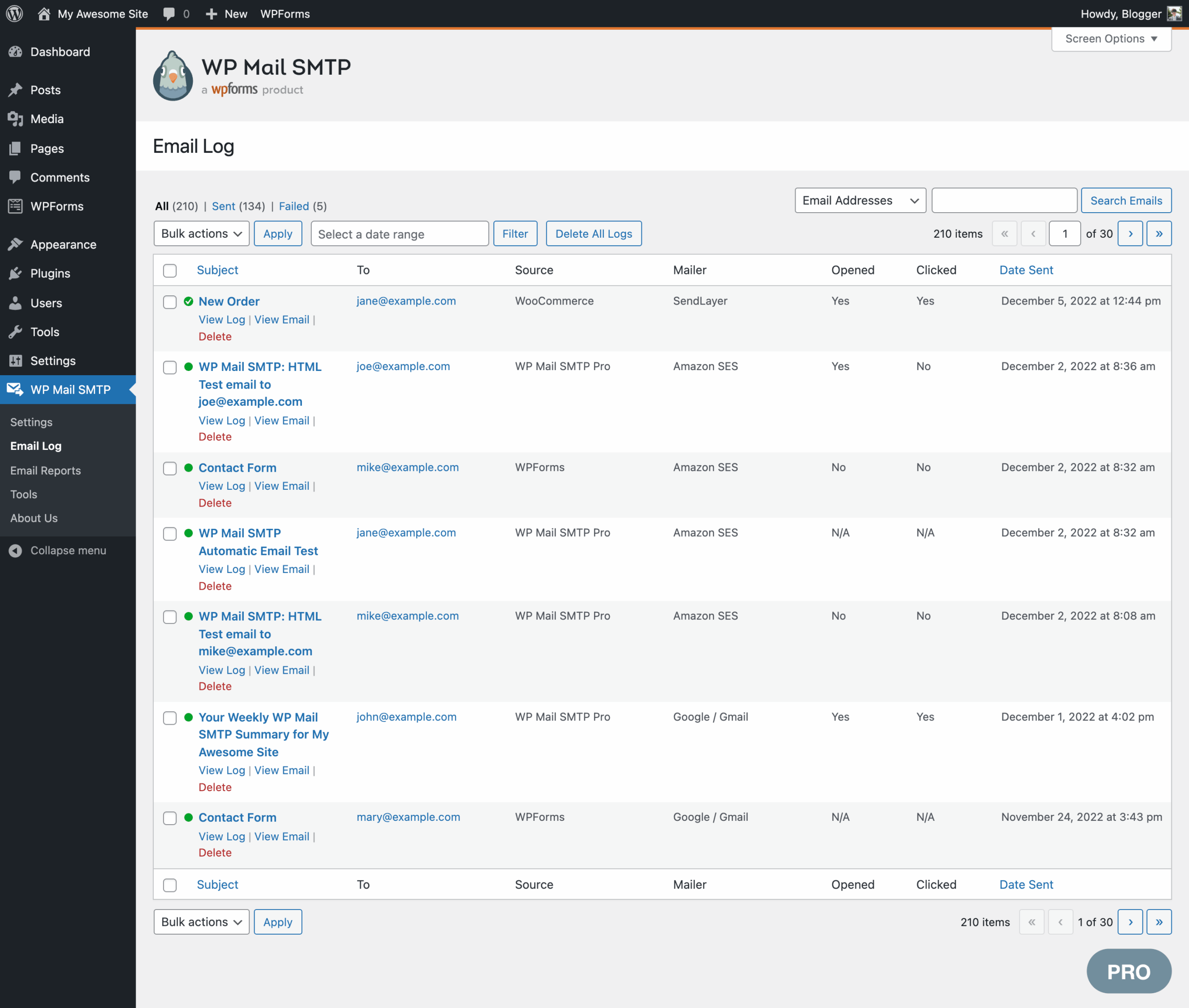 WP Mail SMTP Email Log archive page in WordPress admin showing a table of sent emails with subject, recipient, status, and timestamp columns