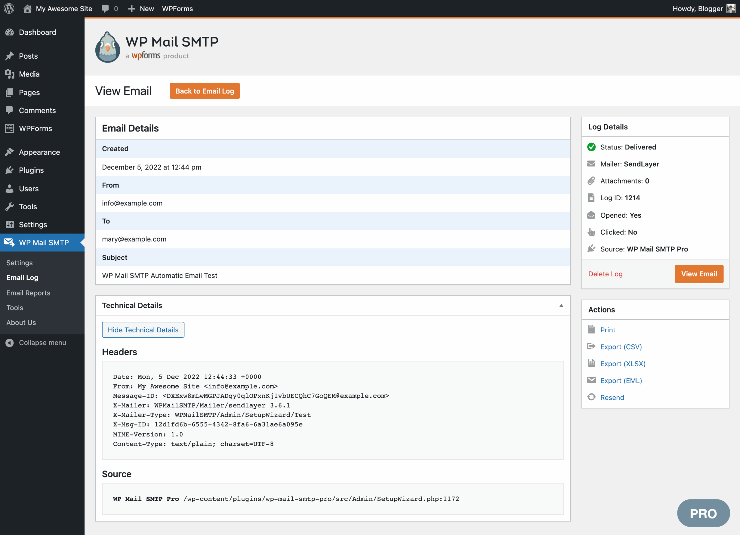 WP Mail SMTP Email Log single email detail page showing full message content with headers, delivery status, and technical details