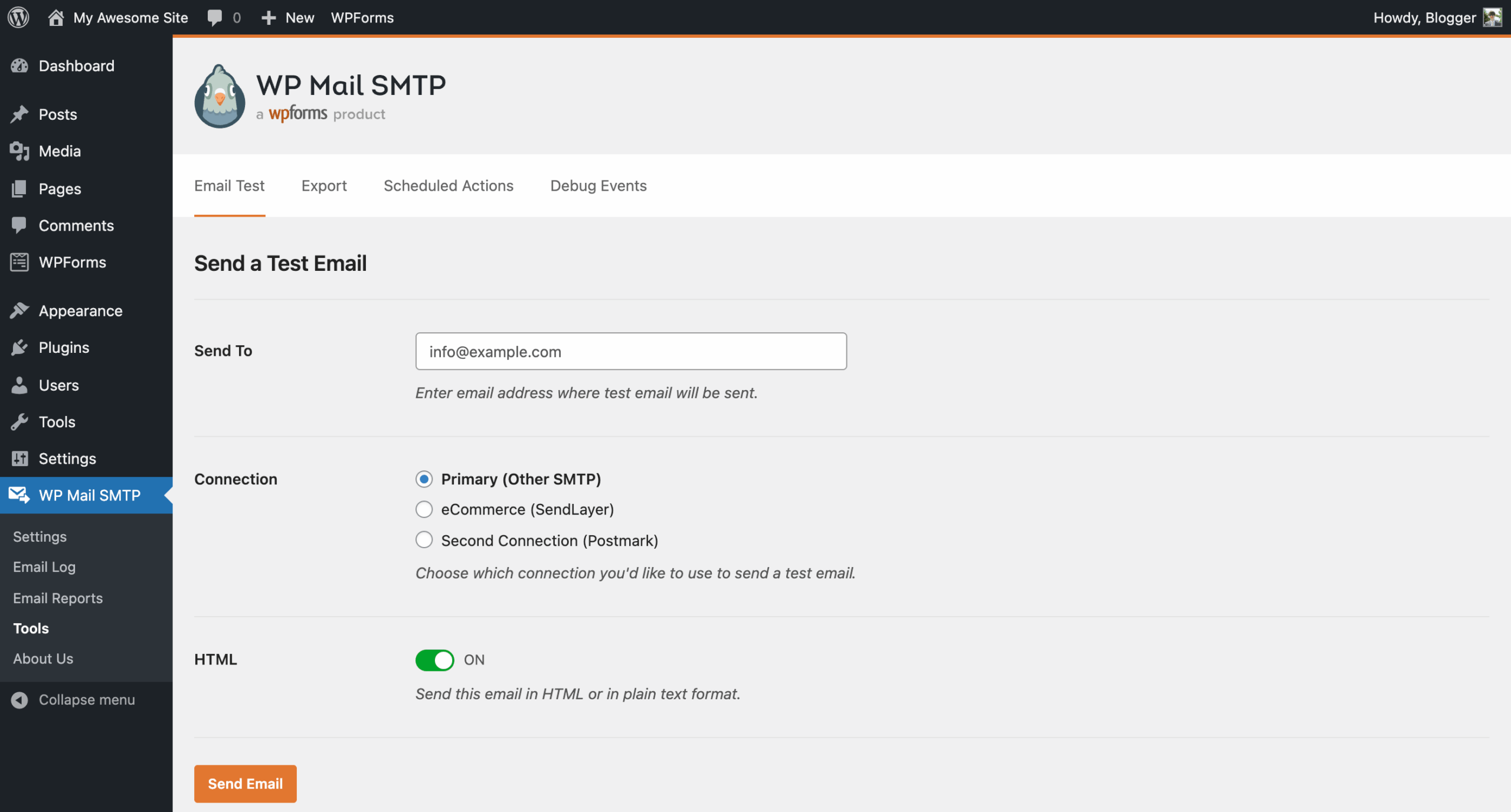 WP Mail SMTP Email Test page with a recipient email field and Send Email button for verifying the mailer connection