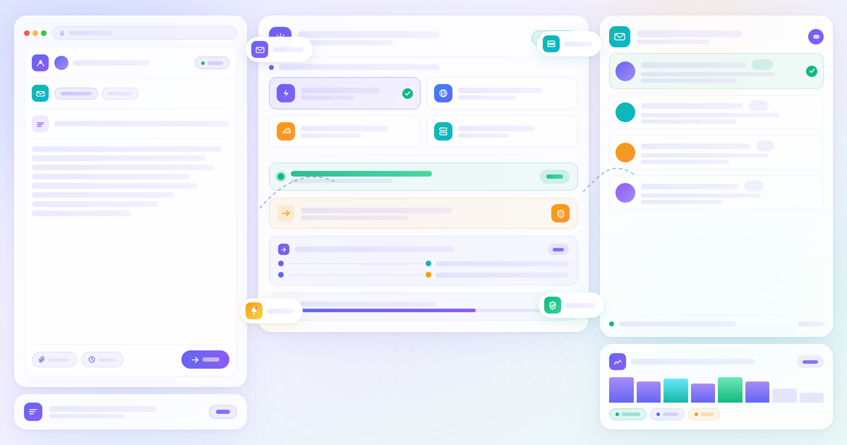 WP Mail SMTP Review 2026 featured banner showing an email compose panel, an SMTP mailer routing hub with active mailer, backup connection, and smart routing controls, and an inbox delivery analytics log in an indigo-violet-teal glassmorphism design