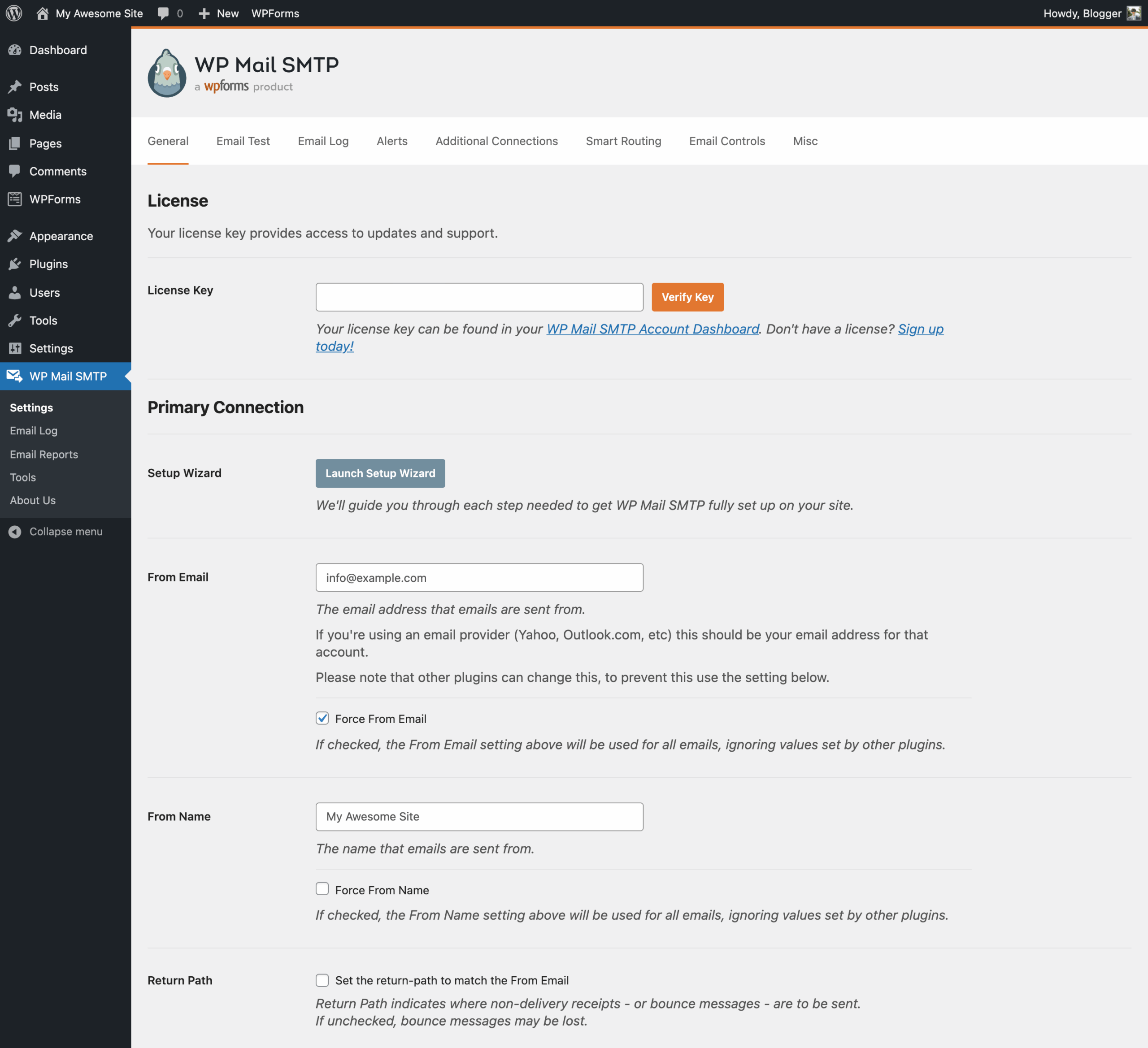 WP Mail SMTP Settings page in WordPress admin showing the mailer selection options including SendLayer, SMTP.com, Brevo, Gmail, Mailgun, and more