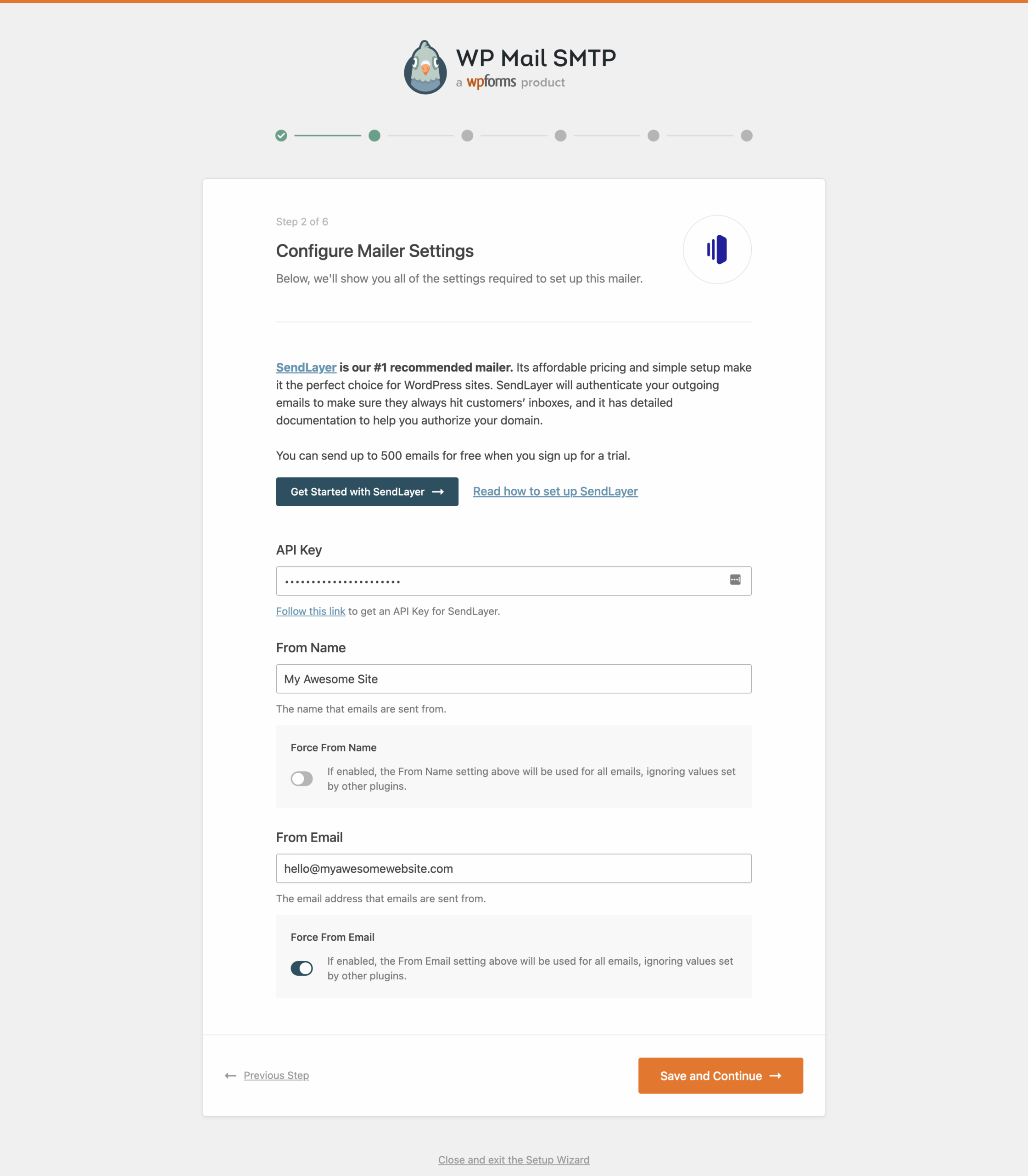 WP Mail SMTP Setup Wizard mailer configuration panel showing SMTP host, port, encryption, and authentication fields