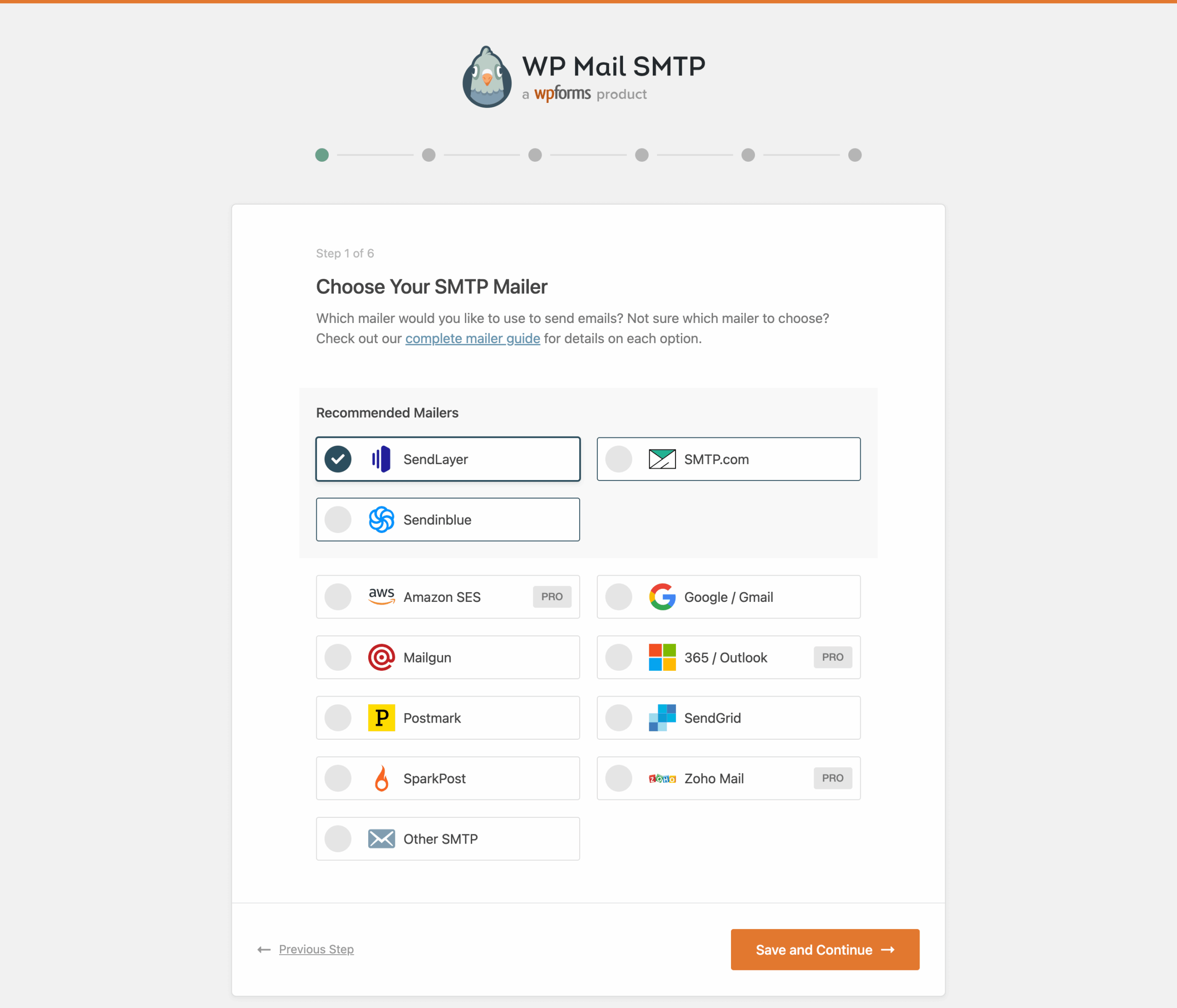 WP Mail SMTP Setup Wizard mailer selection screen with provider icons for SendLayer, SMTP.com, Brevo, Gmail, Mailgun, and Other SMTP
