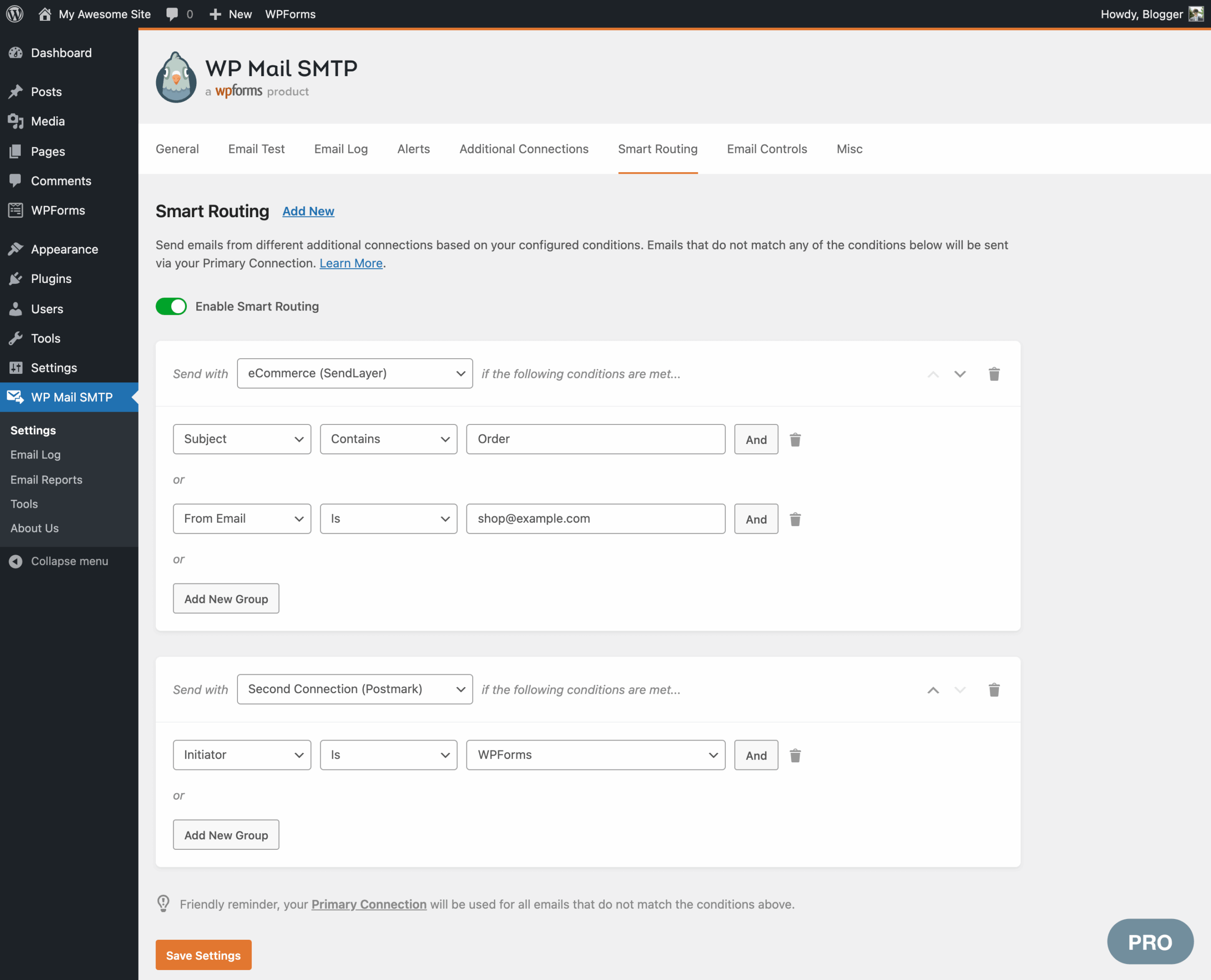 WP Mail SMTP Smart Routing configuration page showing conditional logic rules for routing email by subject, sender, or source plugin