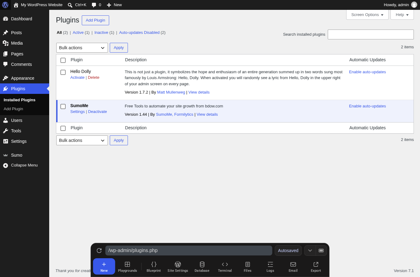 SumoMe plugin activated in a clean WordPress Playground install