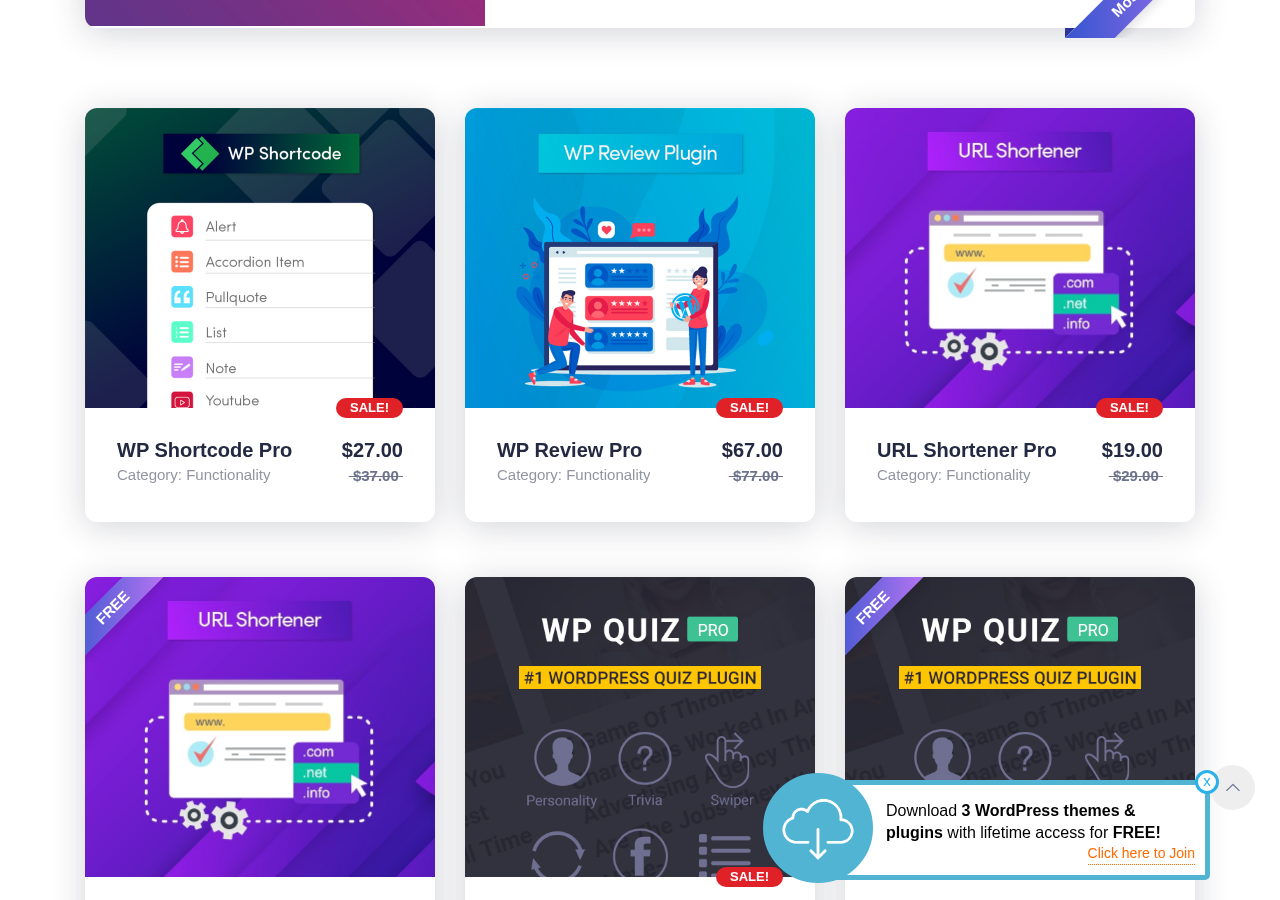 WP Review Pro listed on the MyThemeShop plugins page at $67 on sale from $77