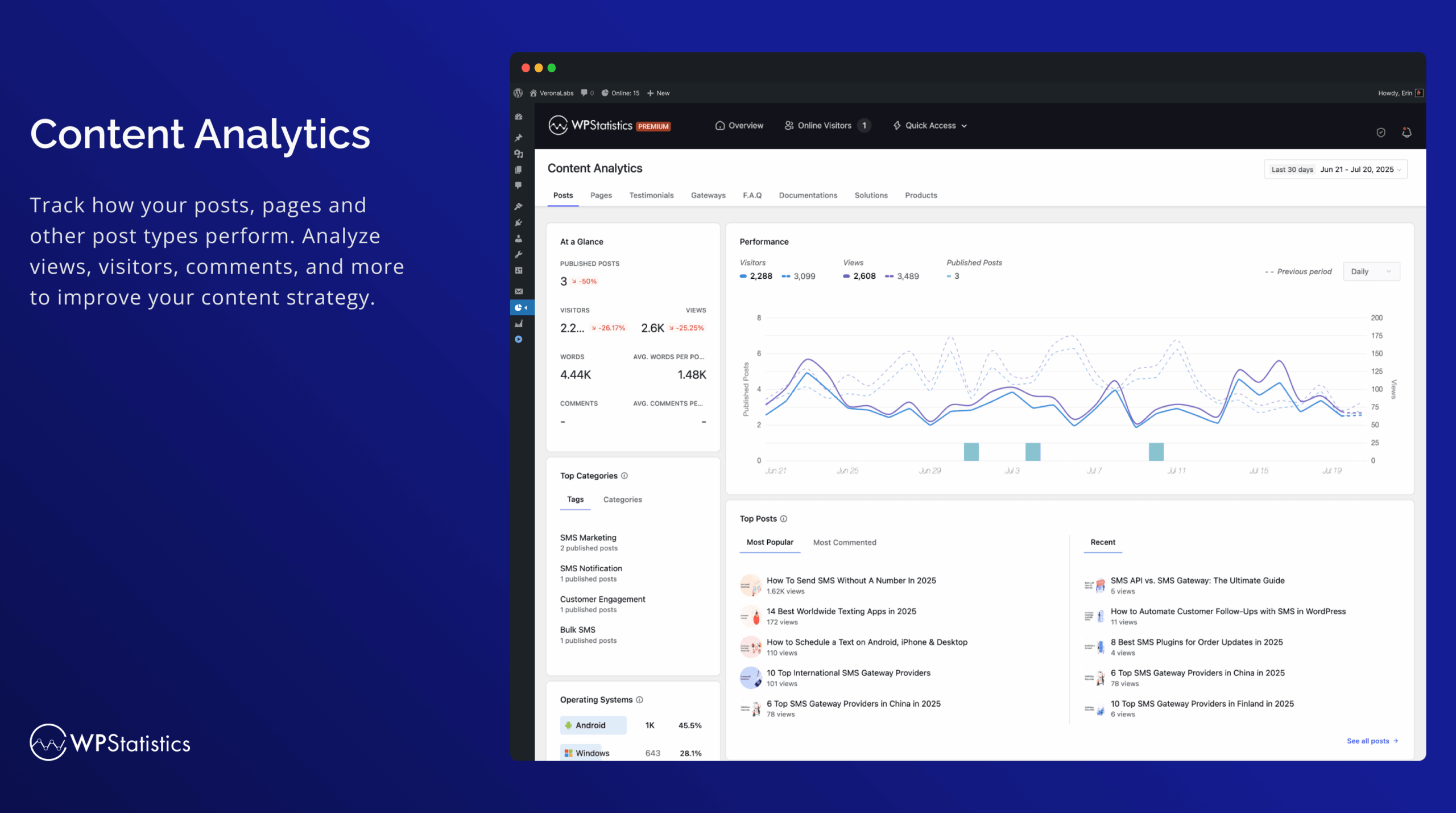 WP Statistics content analytics screen showing individual post performance ranked by views, with columns for post title, views, unique visitors, and published date