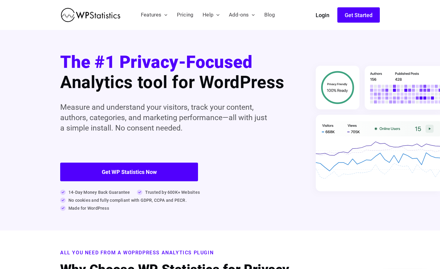 WP Statistics plugin homepage on wp-statistics.com showing the privacy-first analytics headline, 600,000 trusted websites badge, and call-to-action to download the free version