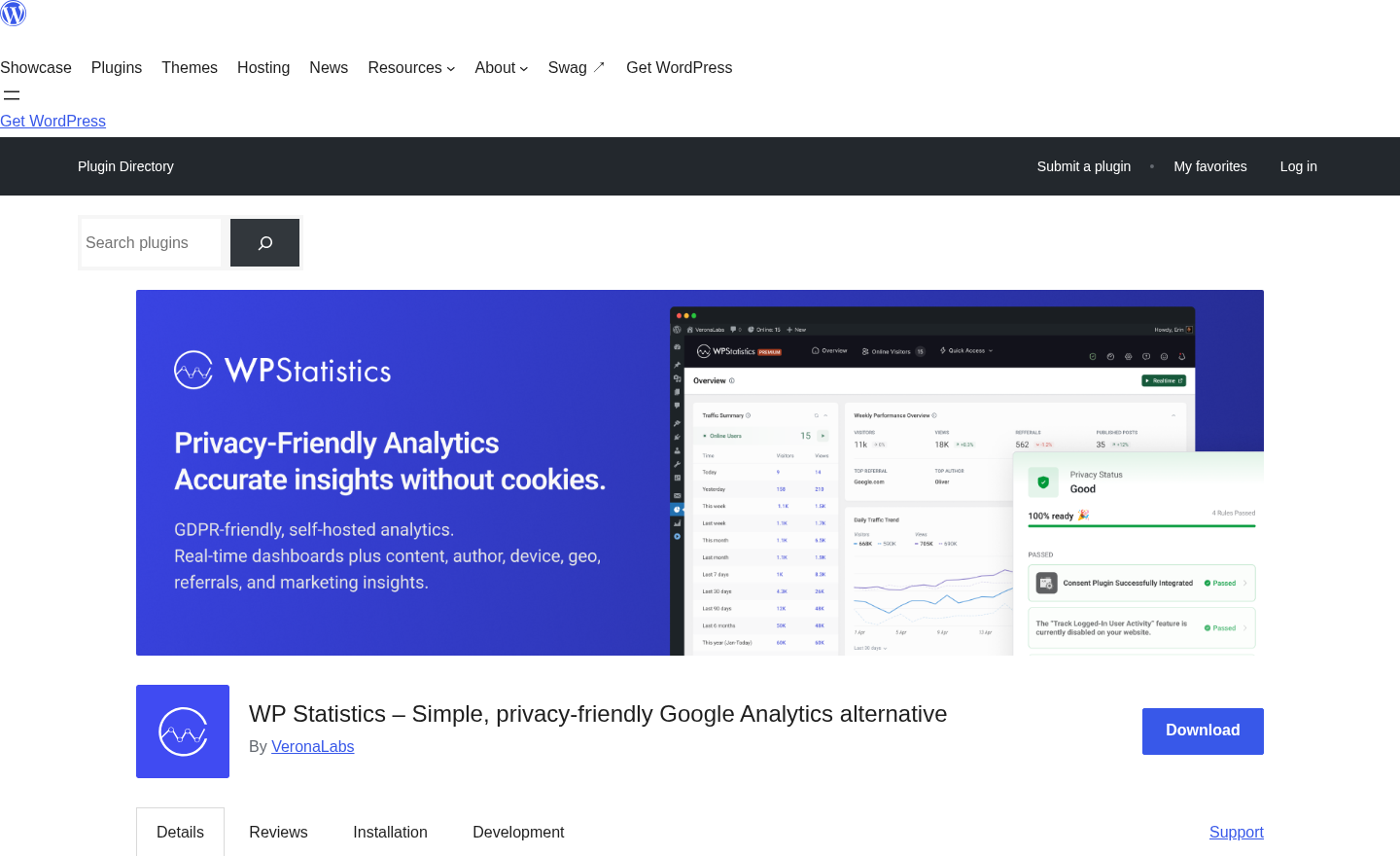 WP Statistics WordPress.org plugin listing showing 600,000 plus active installs, 4.1-star rating, version 14.16.10, last updated July 25 2026, and the plugin description