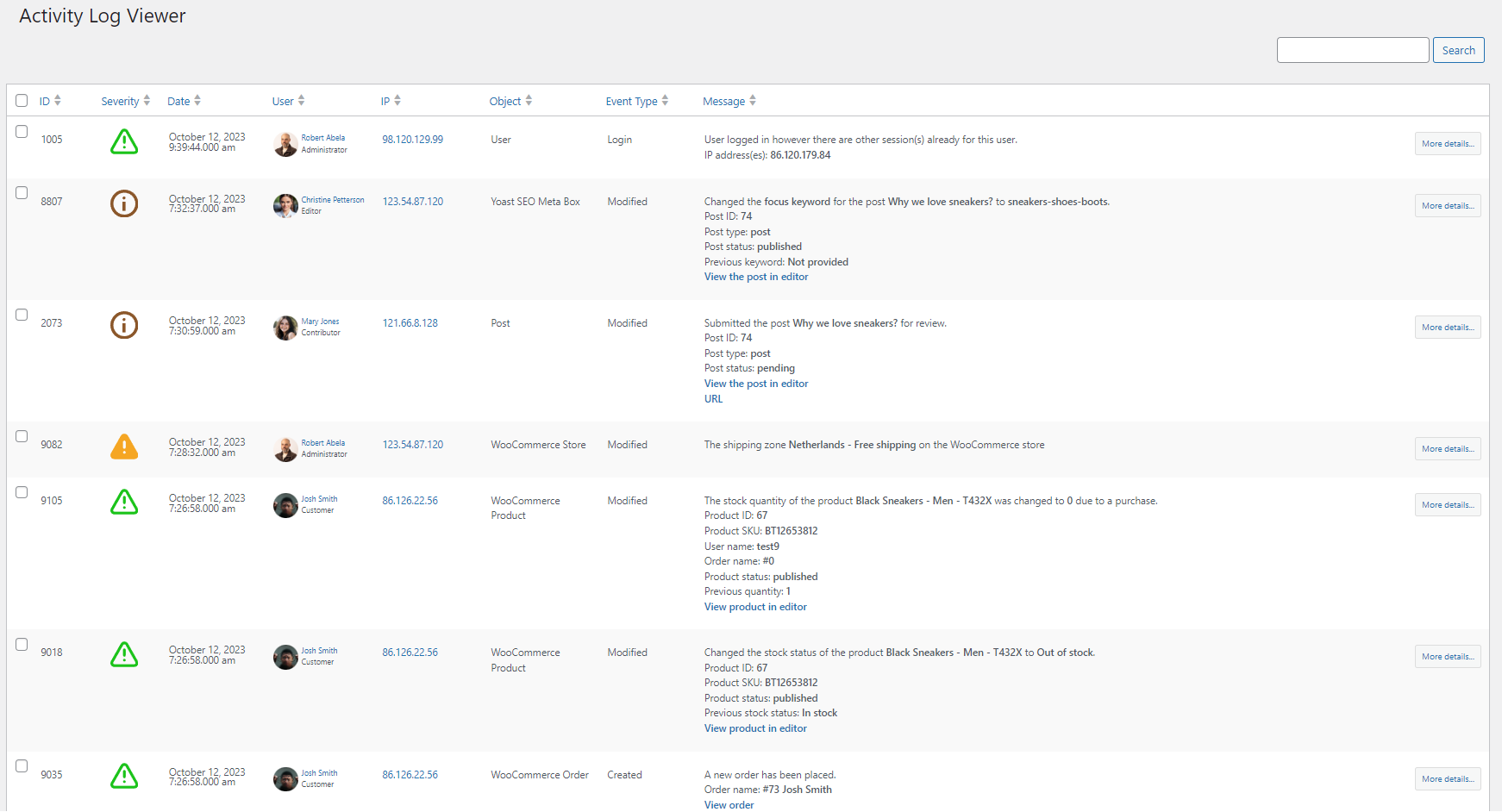 The WP Activity Log viewer screen in the WordPress admin showing a chronological list of events including user logins, content edits, plugin updates, and settings changes with columns for timestamp, user, source IP, event code, and description