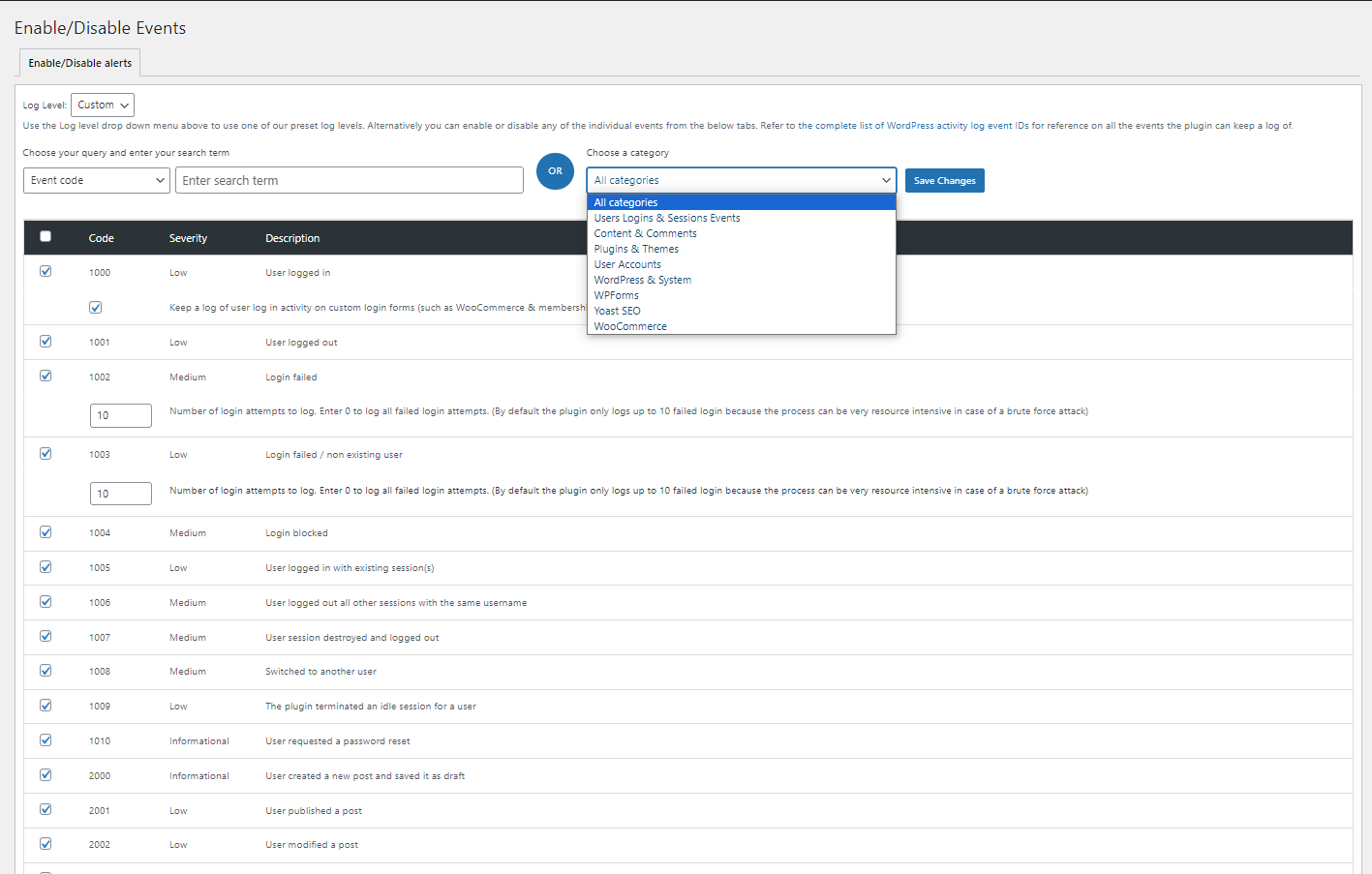 The WP Activity Log Enable and Disable Events screen showing a table of event categories, event IDs, and their current enabled or disabled status with toggle controls for each event