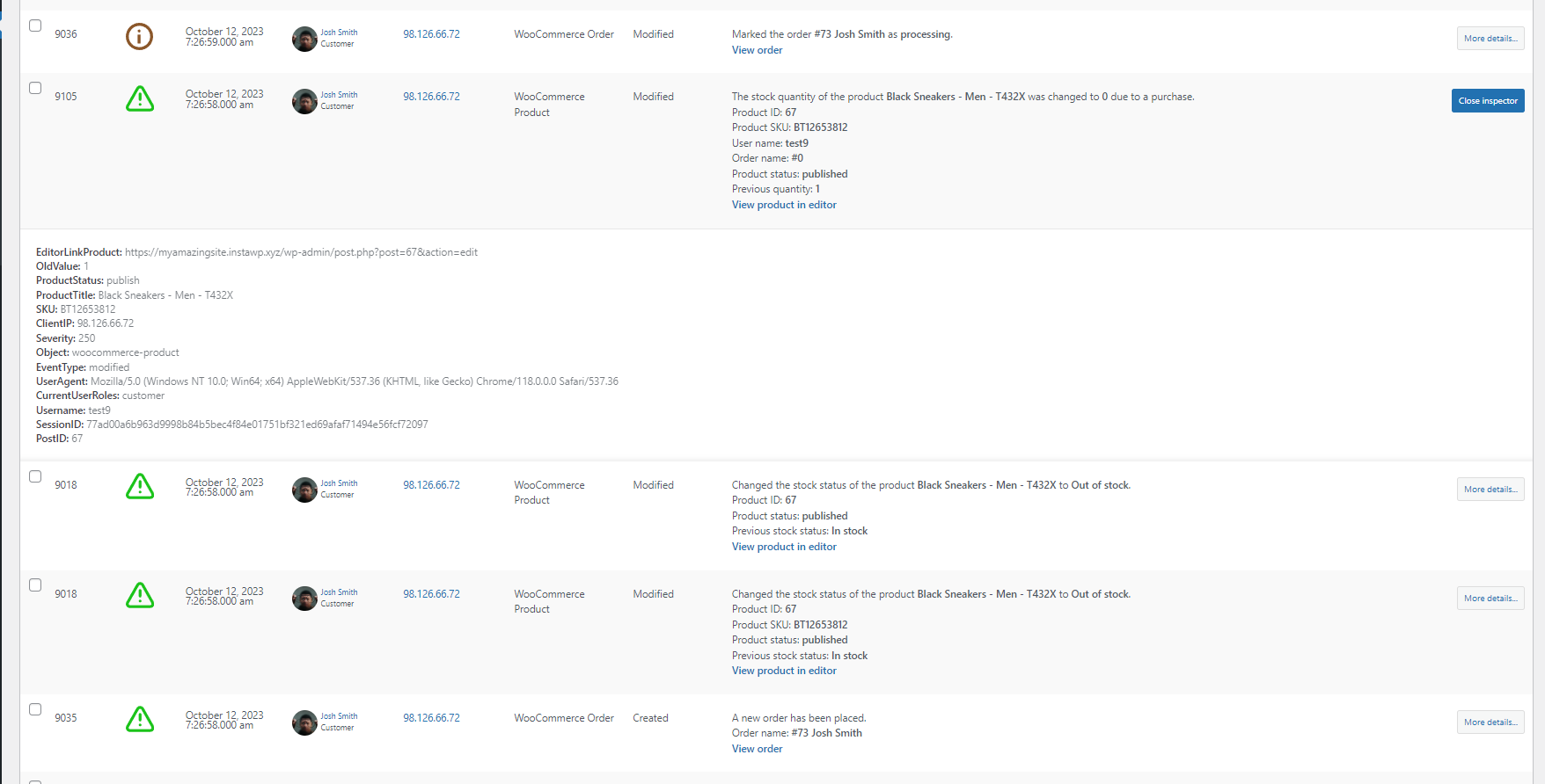 The WP Activity Log Event Inspector panel showing expanded metadata for a single event including session ID, user agent, IP geolocation, and the object ID that was modified with a link to view the WordPress revision diff