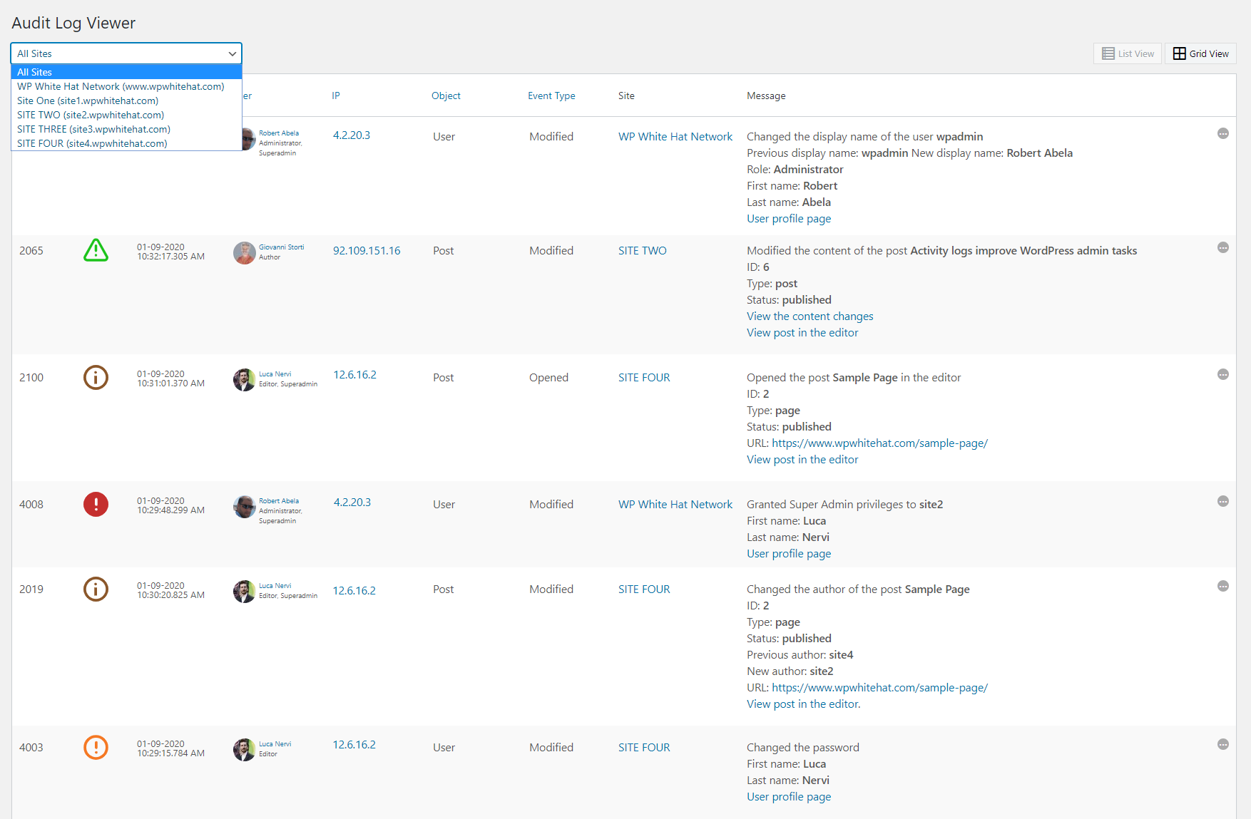 The WP Activity Log multisite network viewer showing a super admin view with events from all network subsites, a site filter dropdown, and the standard log columns for user, IP, event code, and description