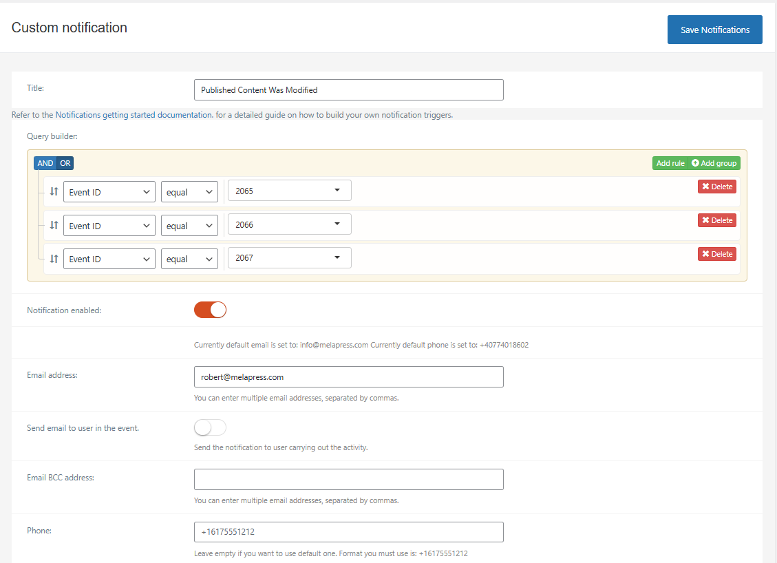 The WP Activity Log email, SMS, and Slack notifications configuration panel showing notification rules, trigger conditions, recipient settings, and channel options for the Premium edition