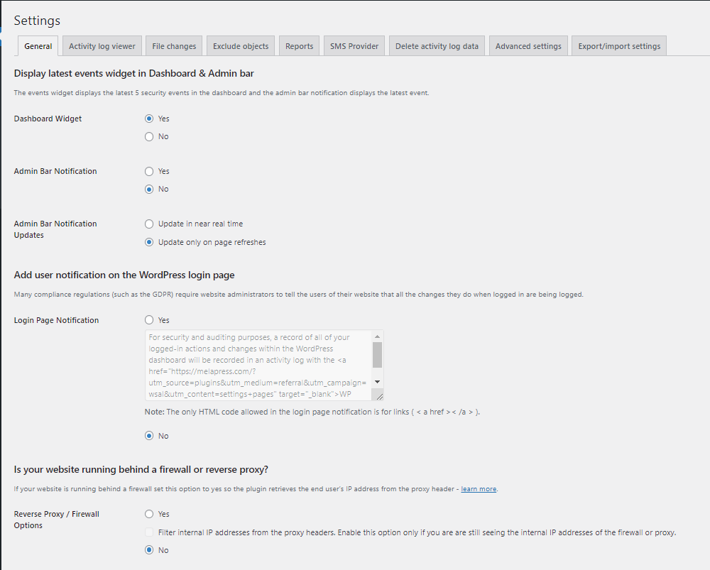 The WP Activity Log plugin settings panel showing the General Settings screen with options for timestamps, reverse proxy support, and log viewer configuration