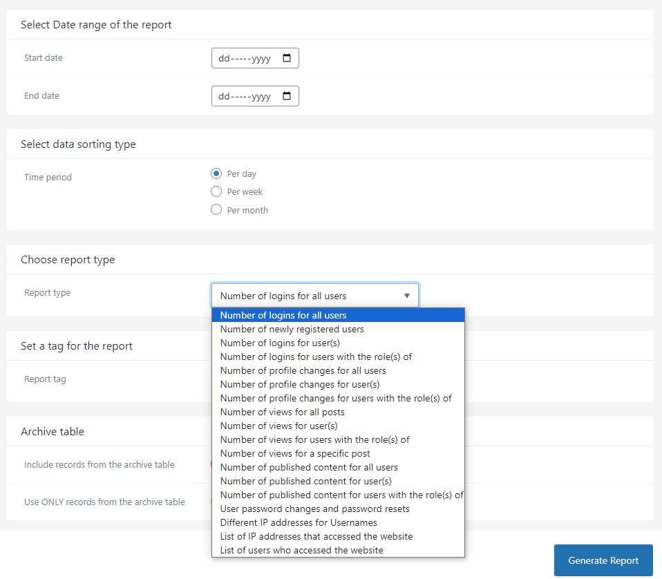 The WP Activity Log statistics report screen showing charts for user logins, profile changes, and IP address activity over a selected date range with an export button for CSV download