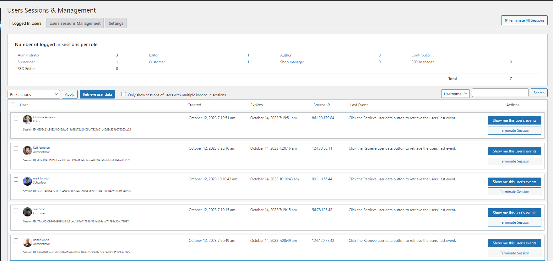 The WP Activity Log User Sessions Management panel showing a list of currently logged-in users with their IP addresses, browser details, and login timestamps plus controls to terminate individual or all sessions