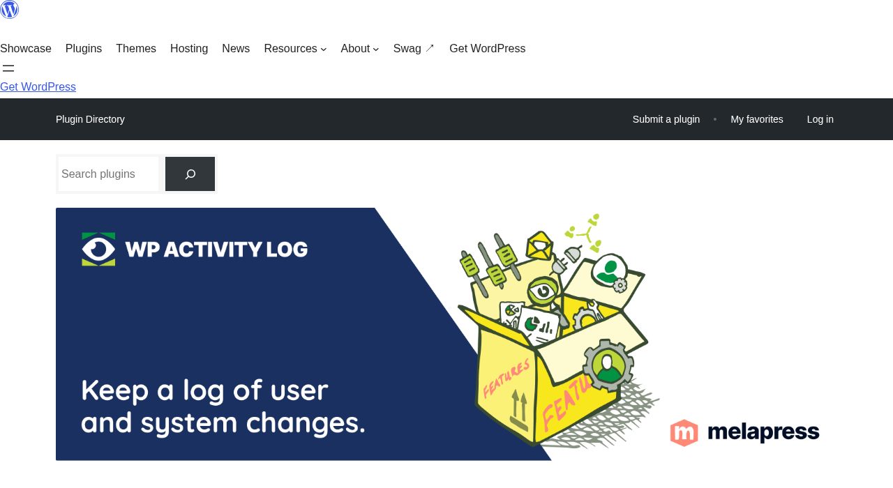 WP Activity Log plugin listing on WordPress.org showing version 5.6.5 updated July 21 2026, 4.7 stars from 482 reviews, 300000 plus active installations, and the Melapress attribution