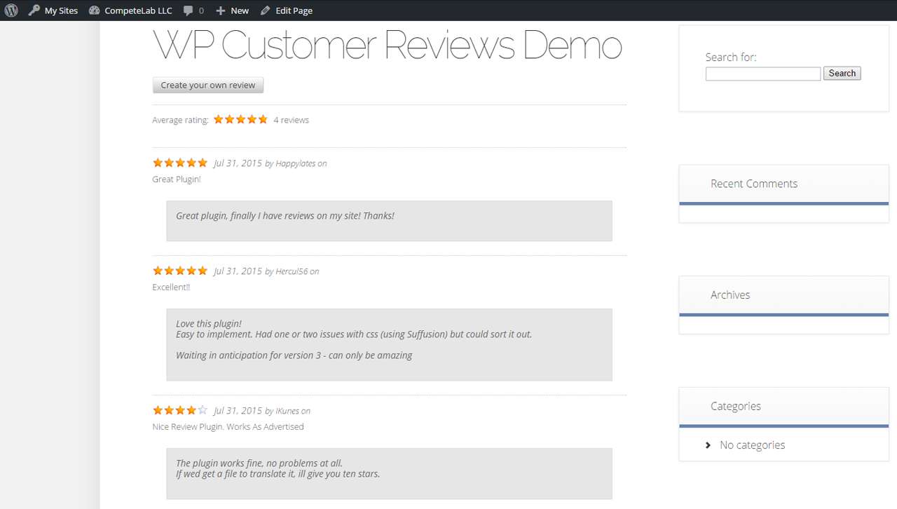 WP Customer Reviews plugin on WordPress.org showing 4.3 star rating from 526 reviews and 20,000+ active installs