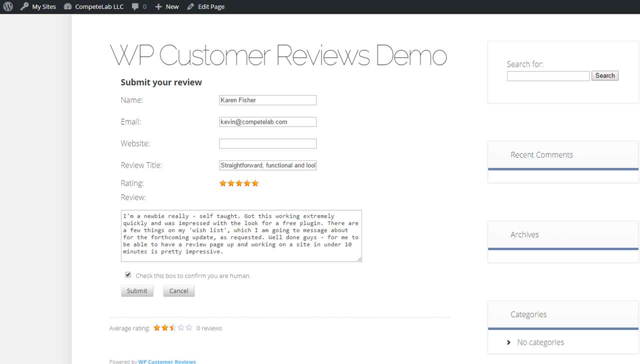 WP Customer Reviews front-end display showing approved customer reviews with star ratings