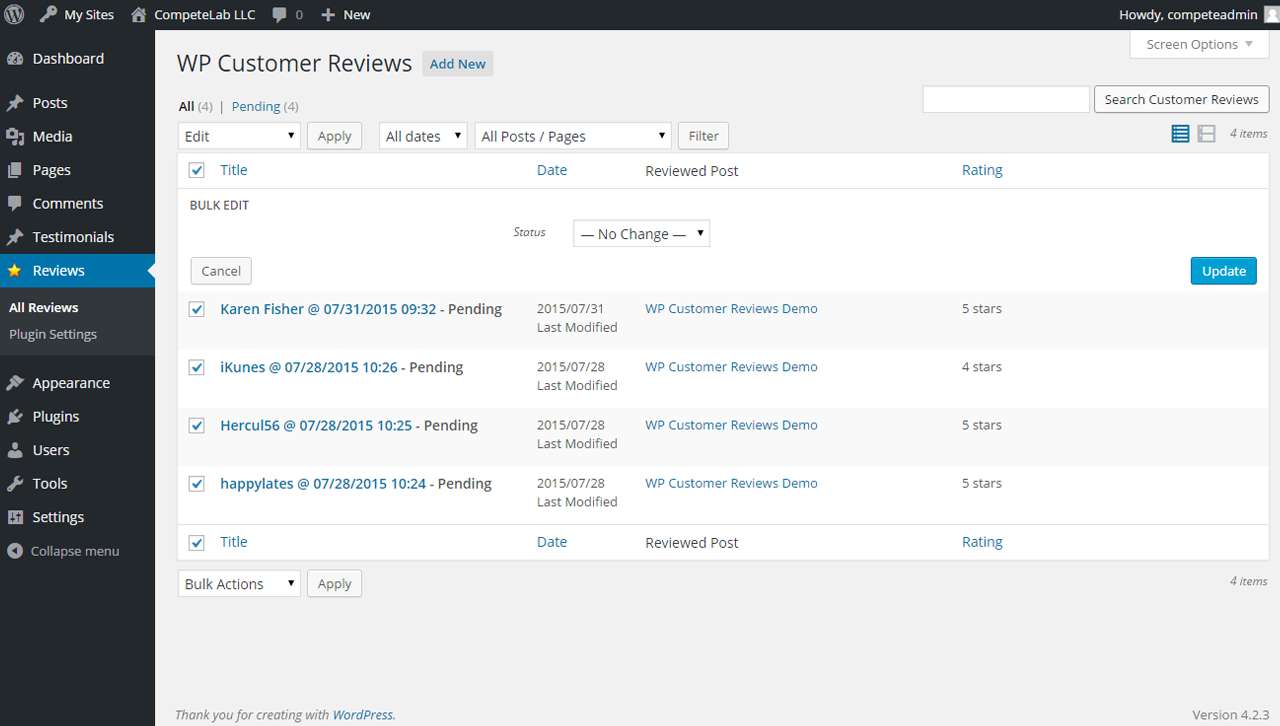 WP Customer Reviews admin moderation interface showing submitted reviews awaiting approval